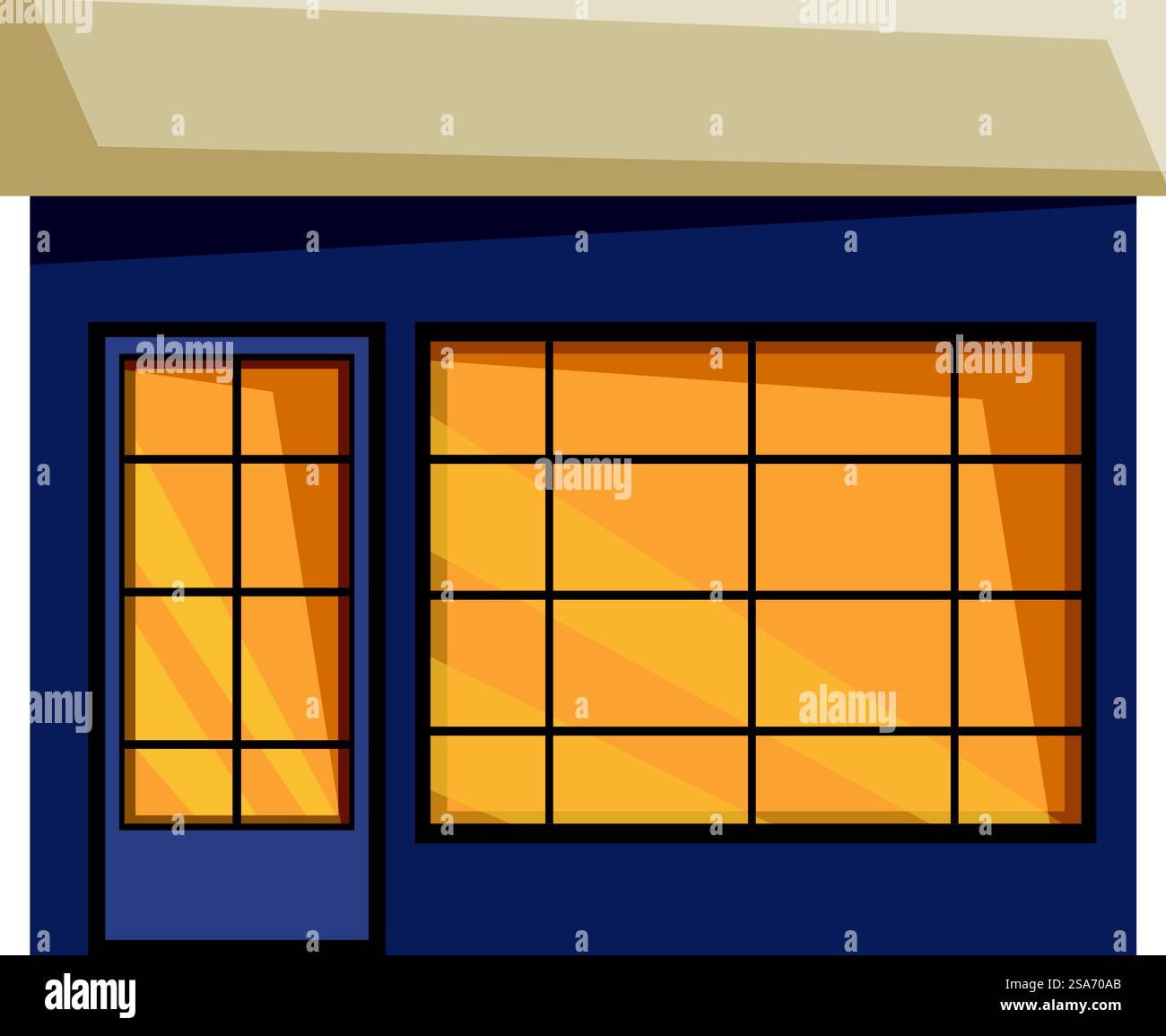 Petite boutique avec de grandes fenêtres affichant des produits, propriété commerciale, façade du magasin. Petite boutique avec de grandes fenêtres affichant des produits Illustration de Vecteur