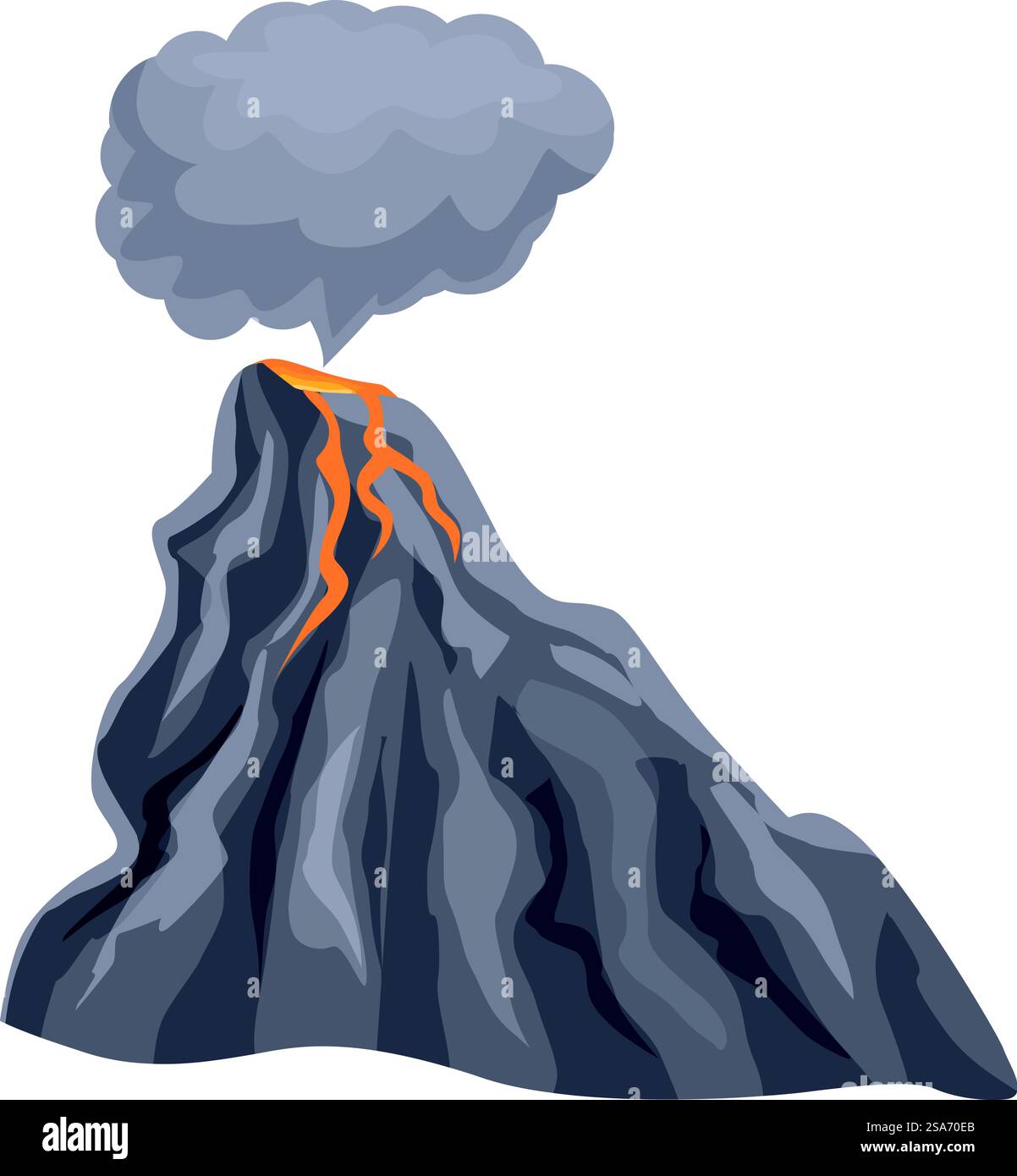 Volcan de dessin animé en éruption avec du magma coulant sur le côté. Volcan en éruption crache de la lave chaude, des cendres et de la fumée Illustration de Vecteur