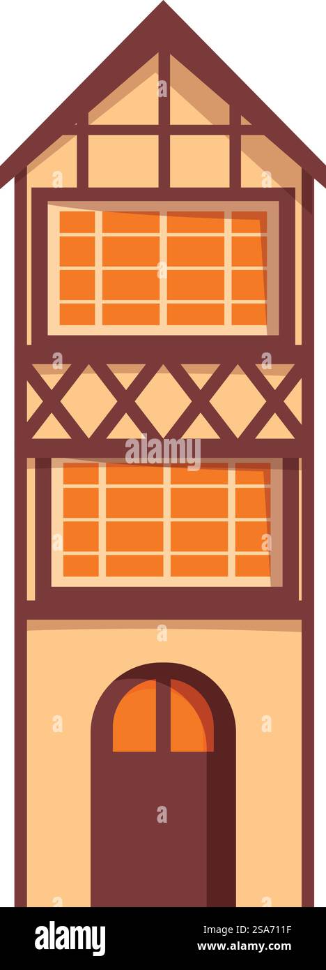 Ce grand bâtiment étroit arbore des lambris de bois de style européen traditionnel et une porte arquée brune. Maison traditionnelle de trois étages de style européen avec boiseries Illustration de Vecteur