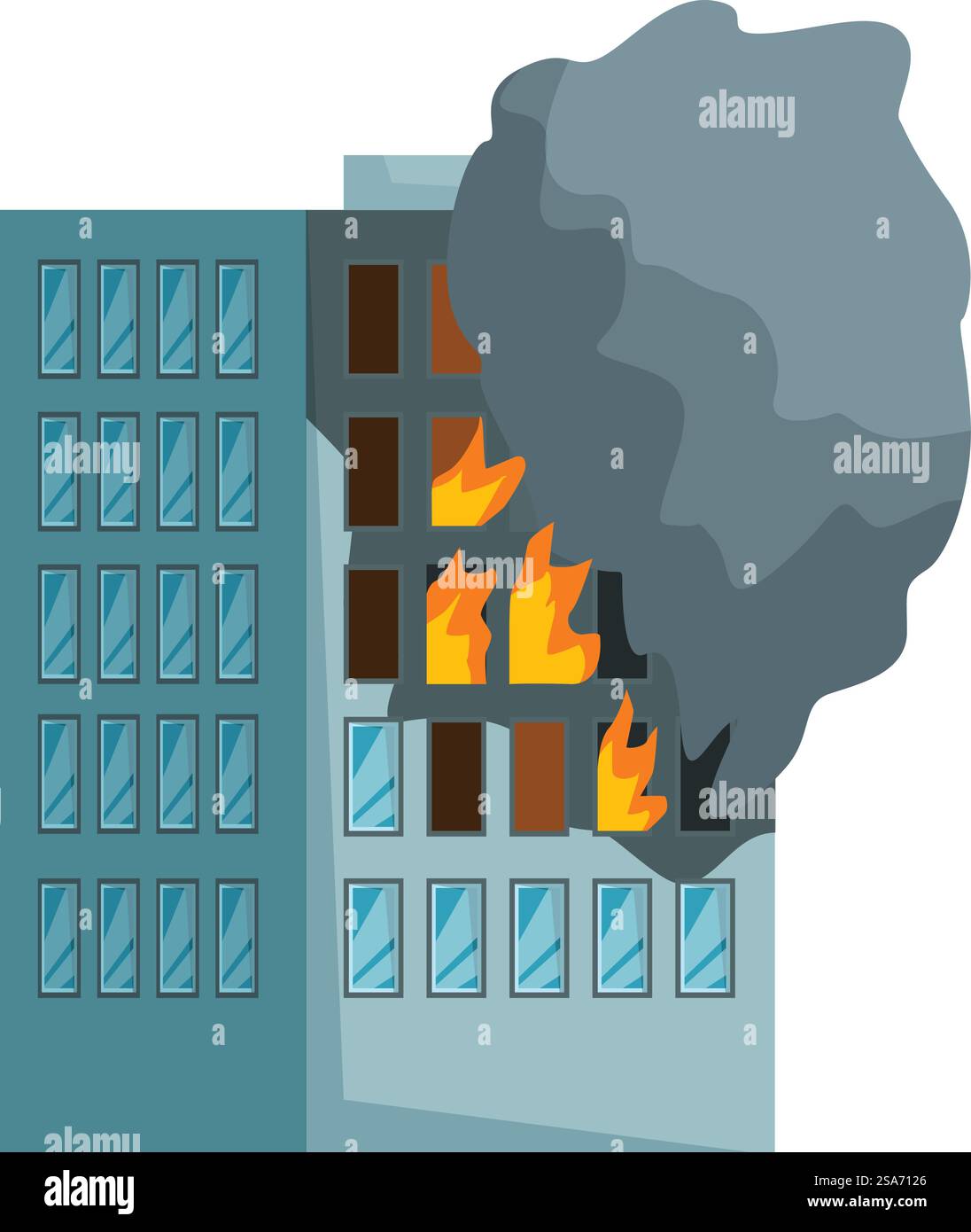 Grand bâtiment englouti dans les flammes avec de la fumée noire qui s'échappe, illustrant le pouvoir destructeur du feu. Bâtiment en feu émettant de la fumée noire avec des flammes qui font rage Illustration de Vecteur