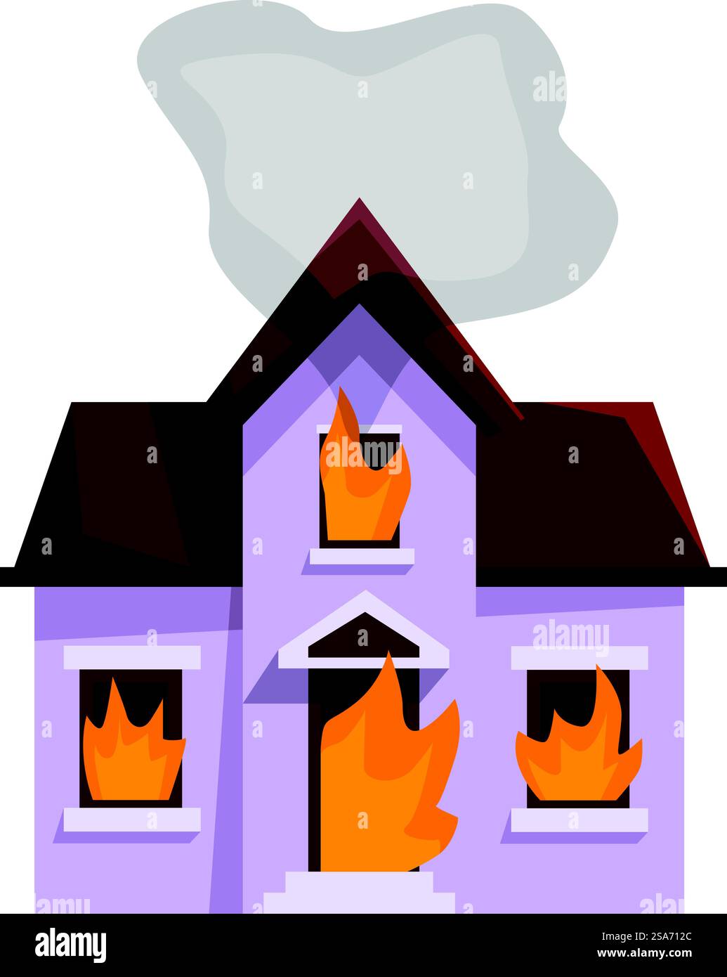 La maison est en feu avec des flammes engloutissant les fenêtres et de la fumée qui jaillit du toit. Maison brûlante avec de la fumée sortant des fenêtres Illustration de Vecteur