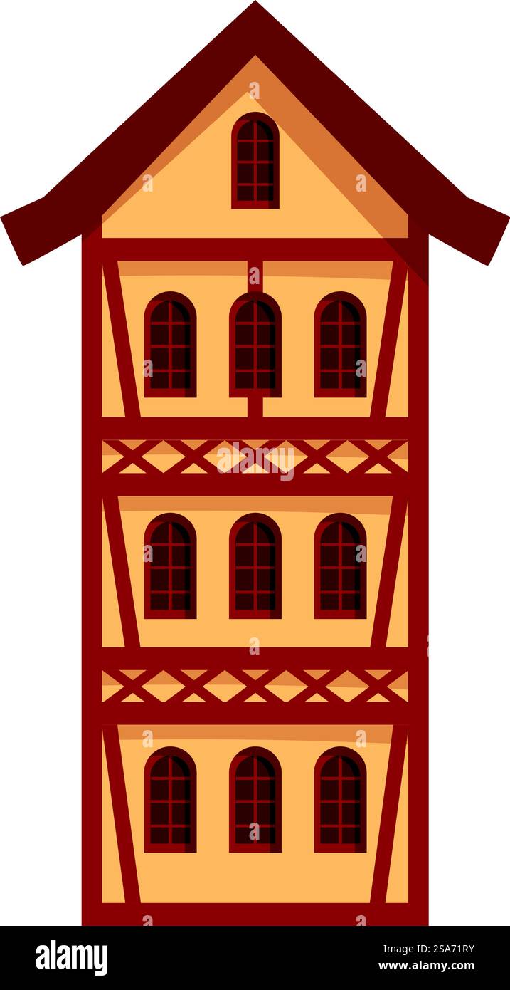 Maison à colombages de trois étages avec fenêtres cintrées et toit en tuiles. Maison à colombages de trois étages avec fenêtres cintrées Illustration de Vecteur