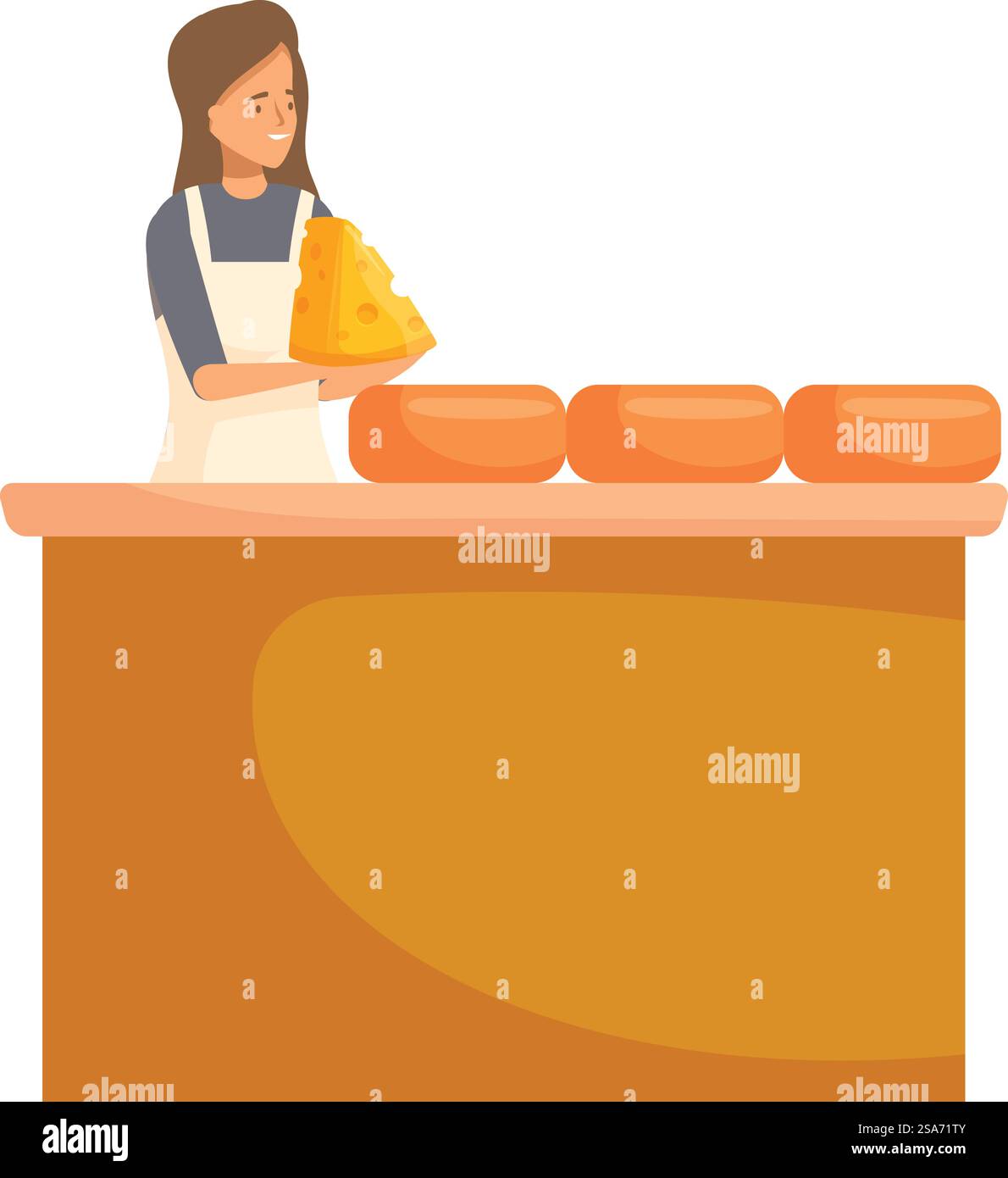 Vendeuse tenant un gros morceau de fromage au comptoir avec différentes sortes de fromage. Vendeuse souriante travaillant au comptoir de fromage offrant un gros morceau de fromage Illustration de Vecteur