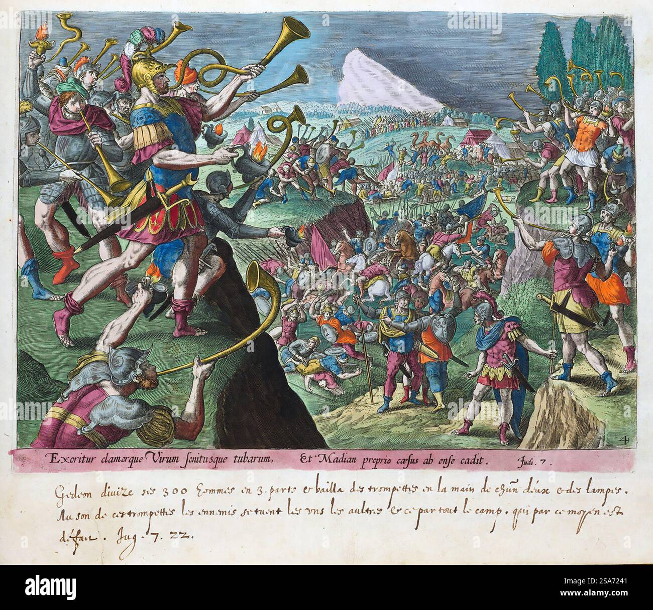 Gravure peinte à la main du juge israélite Gideon combattant les Madianites avec son armée de 300 dans une attaque surprise réussie, tirée du Livre des juges. Illustration tirée du Thésaurus sacrarum, 1585 ; publié par Gerard de Jode, flamand (1509 - 1591) d'après Chrispijn van den Broeck, pays-Bas (Malines 1524 - 1590/91 Anvers) Banque D'Images