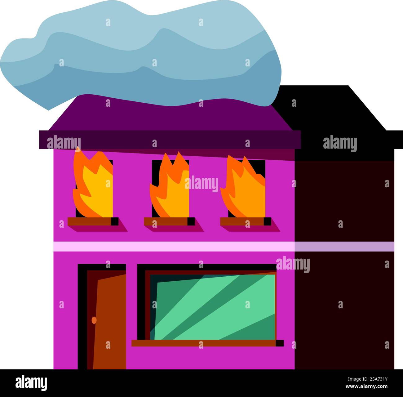 La maison de deux étages est engloutie dans les flammes, avec de la fumée qui jaillit du toit. Maison de deux étages brûlant avec de la fumée venant du toit Illustration de Vecteur