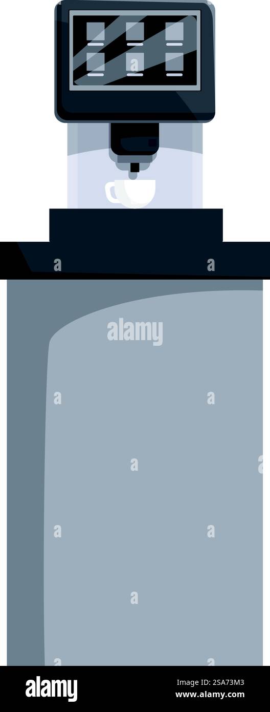 Machine à café moderne faisant du café expresso frais debout sur le comptoir gris dans le bureau ou le café. Machine à café moderne préparant une tasse de café debout sur le comptoir gris Illustration de Vecteur