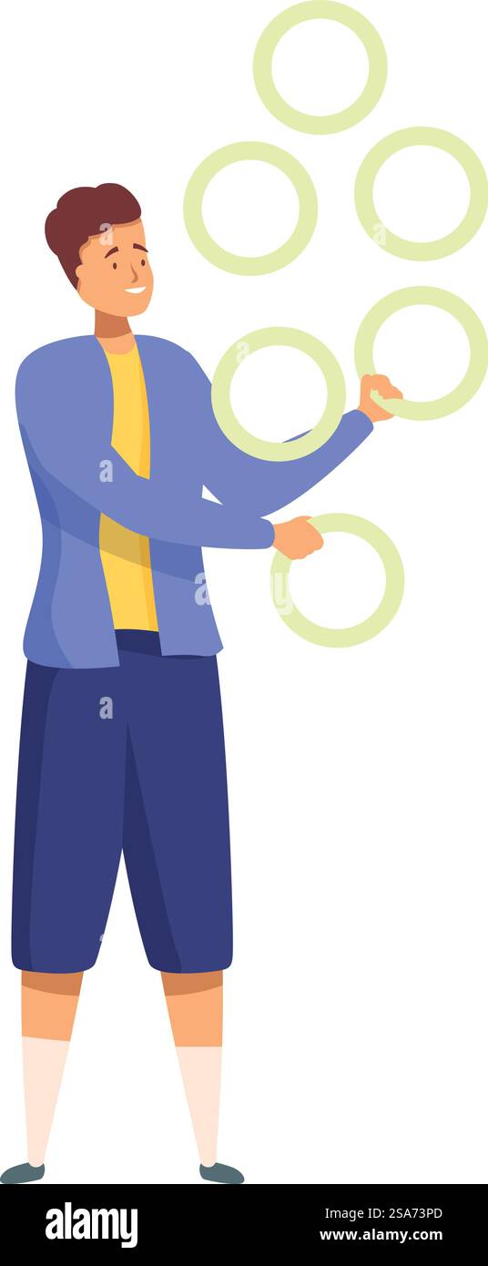 Artiste de rue masculin divertissant la foule en jonglant avec des anneaux dans les airs. Le Street artiste jonglant sonne en l'air tout en souriant au public Illustration de Vecteur