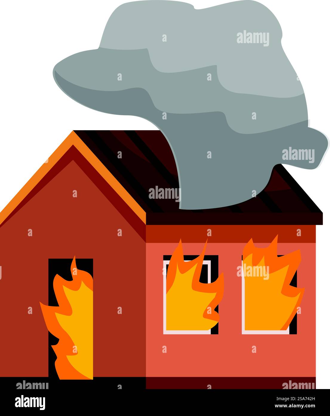 Maison engloutie dans les flammes avec de la fumée qui s'échappe, représentant un incendie destructeur. Maison brûlante avec de la fumée venant des fenêtres et du toit Illustration de Vecteur