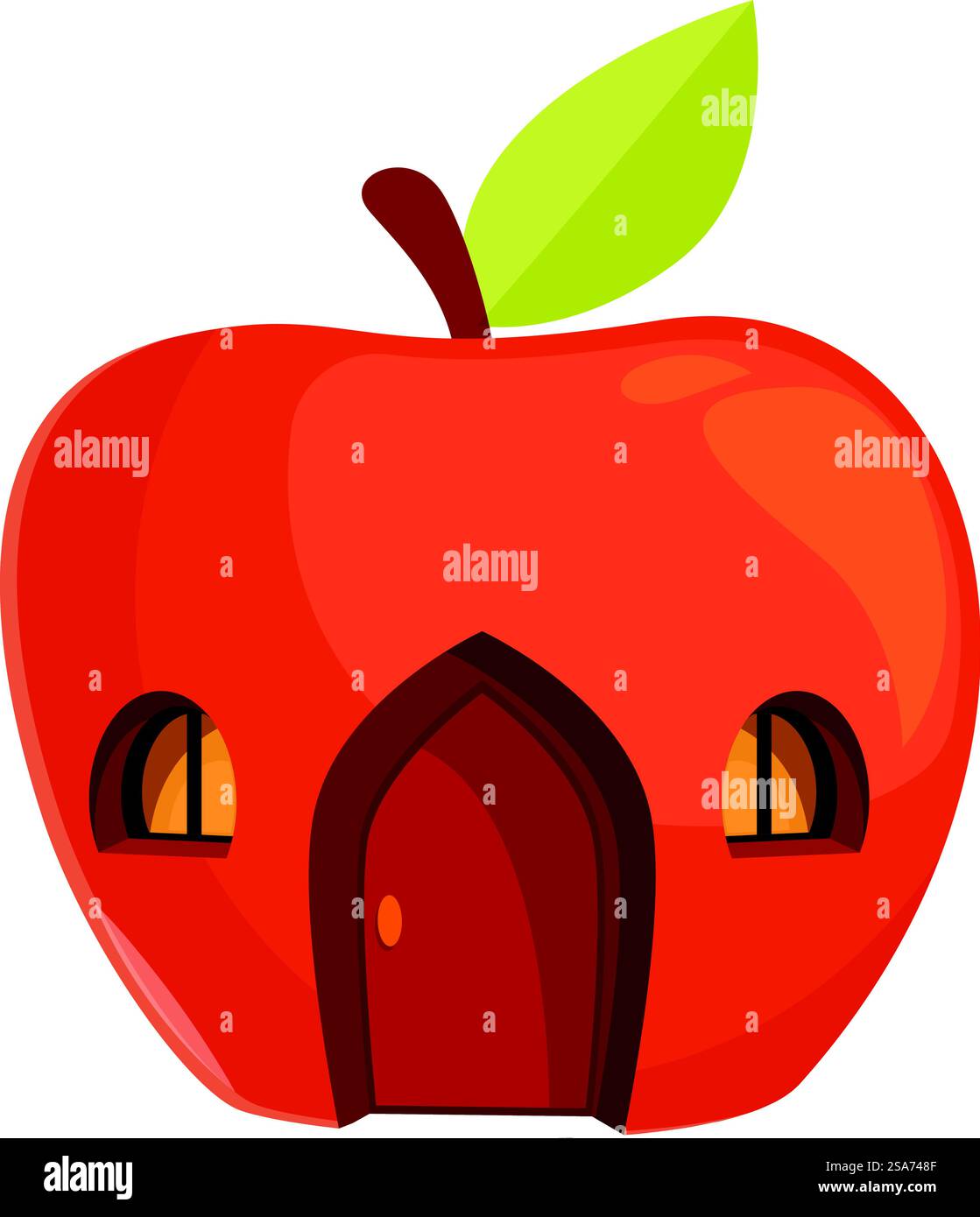 Maison de pomme rouge de conte de fées avec des fenêtres incandescentes debout sur fond blanc, illustration de la maison confortable. Maison de pomme rouge de conte de fées avec des fenêtres incandescentes debout sur fond blanc Illustration de Vecteur