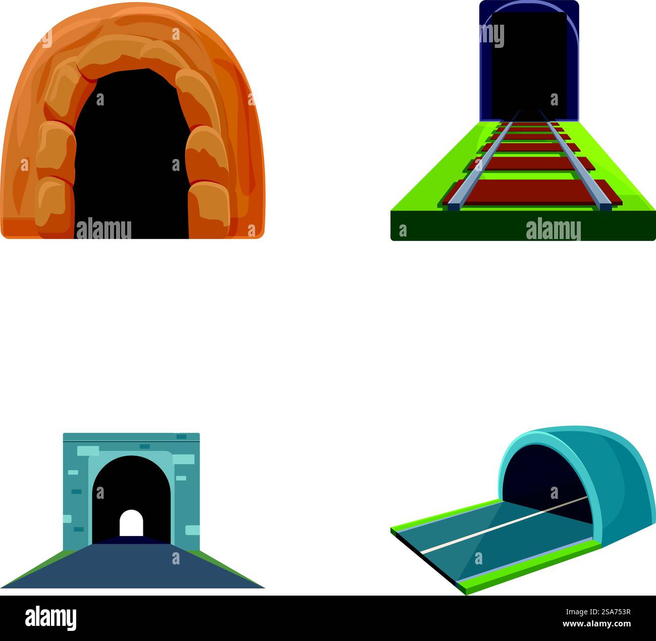 Diverses icônes de tunnel définissent le vecteur de dessin animé. Intérieur du tunnel piétonnier. Concept d'infrastructure. Diverses icônes de tunnel définissent le vecteur de dessin animé. Intérieur du tunnel piétonnier Illustration de Vecteur