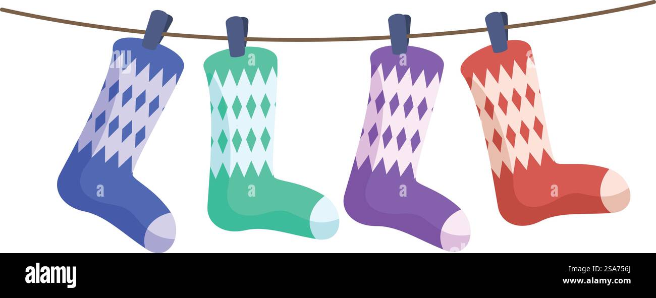 Quatre chaussettes colorées avec motif losange accroché sur la corde à linge après le lavage. Quatre chaussettes colorées suspendues à la corde à linge après le lavage Illustration de Vecteur
