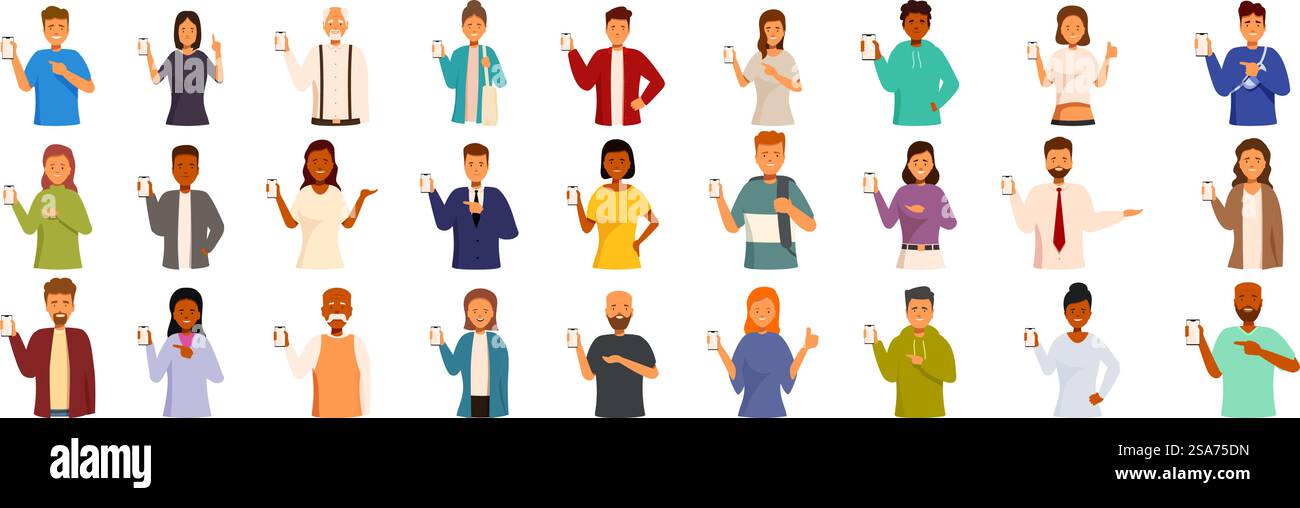Les personnes affichent les icônes de l'écran du smartphone définies. Groupe d'hommes et de femmes de différents âges, professions et ethnies tiennent des smartphones recommandant un téléchargement d'application mobile. Les personnes affichent les icônes de l'écran du smartphone définies. Diverses personnes détenant des smartphones recommandant le téléchargement d'applications mobiles Illustration de Vecteur