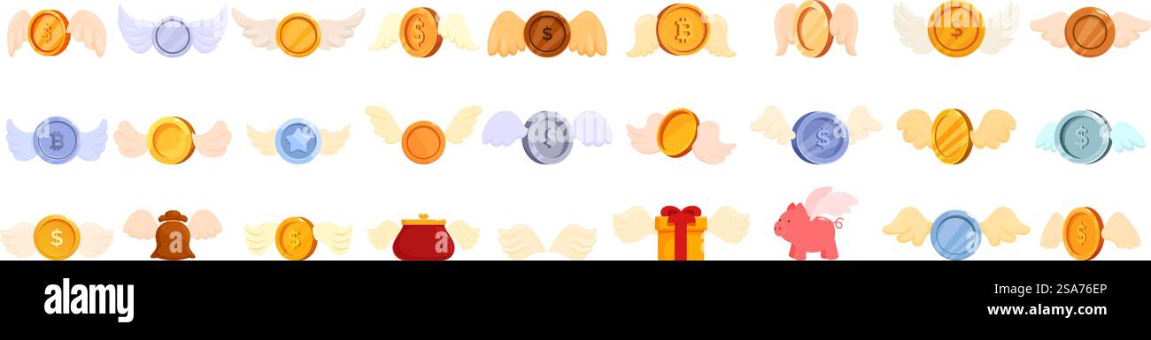Jeu d'icônes d'aile de monnaie. Ensemble de différentes pièces d'or, d'argent et de bronze avec des ailes s'envolant représentant le marché volatile et l'instabilité financière. Jeu d'icônes d'aile de monnaie. Collection de différentes pièces avec des ailes représentant le marché volatil Illustration de Vecteur