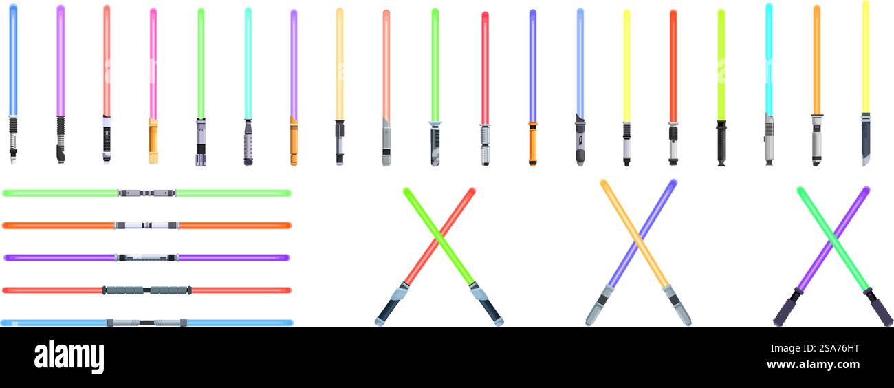 Icônes de sabre lumineux définies. Ensemble d'épées laser colorées, certaines croisées, sont isolées sur un fond blanc, suggérant combat futuriste et fantaisie. Icônes de sabre lumineux définies. Épées laser colorées croisées et isolées représentant la fantaisie et le combat Illustration de Vecteur