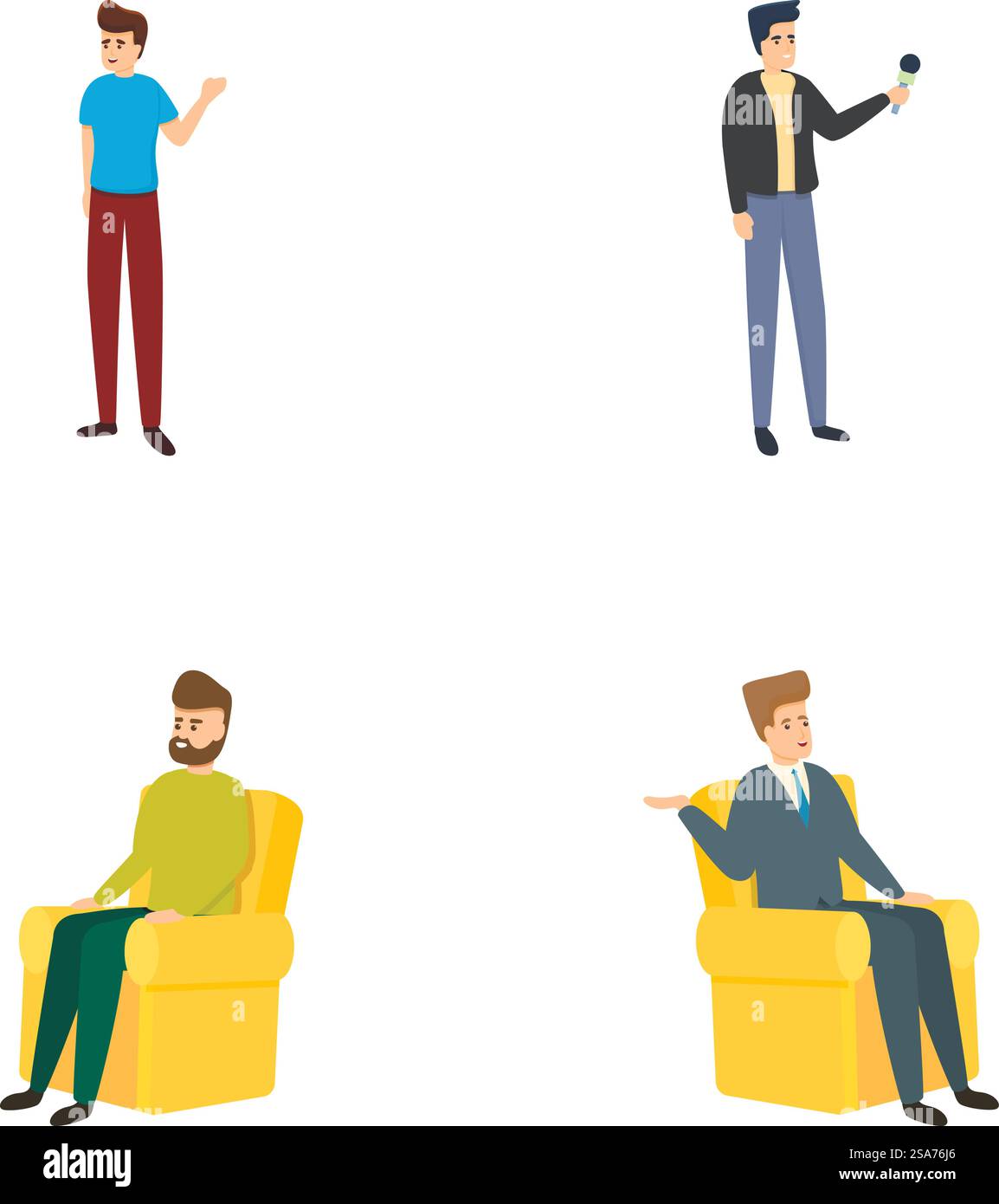 Les icônes d'émission de télévision définissent le vecteur de dessin animé. Journaliste professionnel et intervieweur. Divertissement, concept média. Les icônes d'émission de télévision définissent le vecteur de dessin animé. Journaliste professionnel et intervieweur Illustration de Vecteur