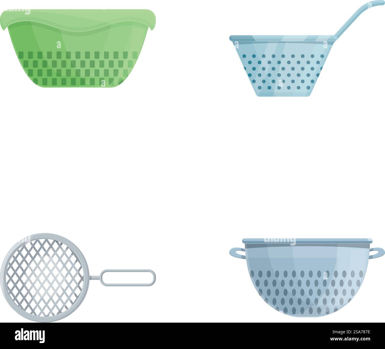 Diverses icônes de passoire définissent le vecteur de dessin animé. Passoire de différentes formes et couleurs. Ustensiles de cuisine. Diverses icônes de passoire définissent le vecteur de dessin animé. Passoire de différentes formes et couleurs Illustration de Vecteur