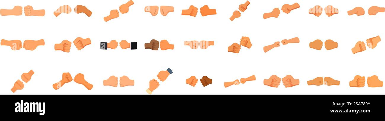 Les premières icônes de bosse sont définies. Collection d'illustrations montrant diverses mains donnant la bosse du poing, symbolisant la camaraderie et la solidarité. Les premières icônes de bosse sont définies. Des personnes diverses donnant la première bosse montrant l'unité et le respect Illustration de Vecteur