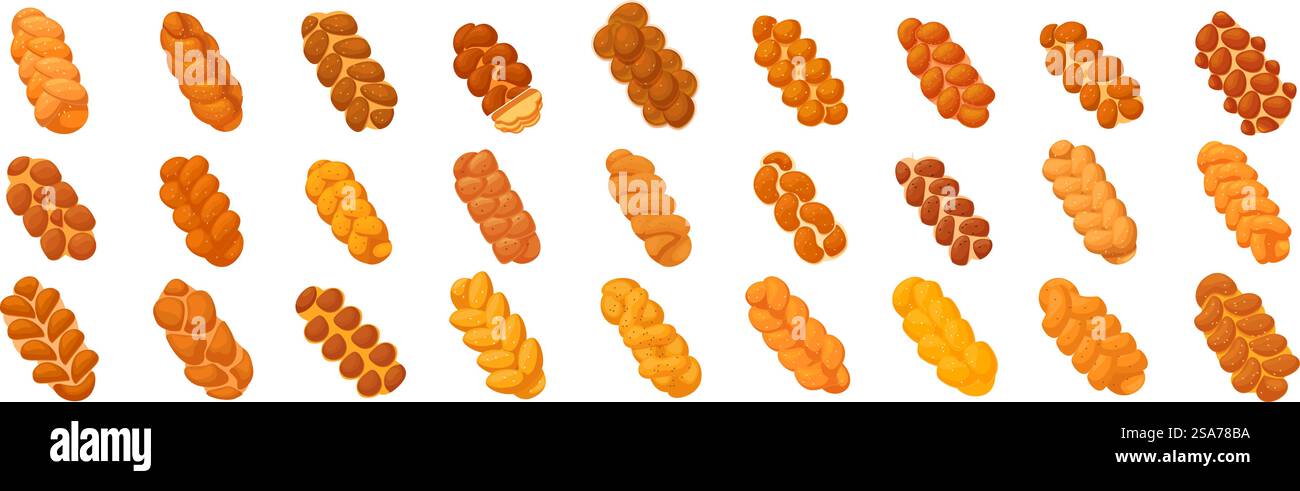 Jeu d'icônes challah. Ensemble de pains challah pour la cuisson traditionnelle de nourriture shabbat isolé sur fond blanc. Jeu d'icônes challah. Ensemble de pains challah pour la cuisson traditionnelle shabbat Illustration de Vecteur