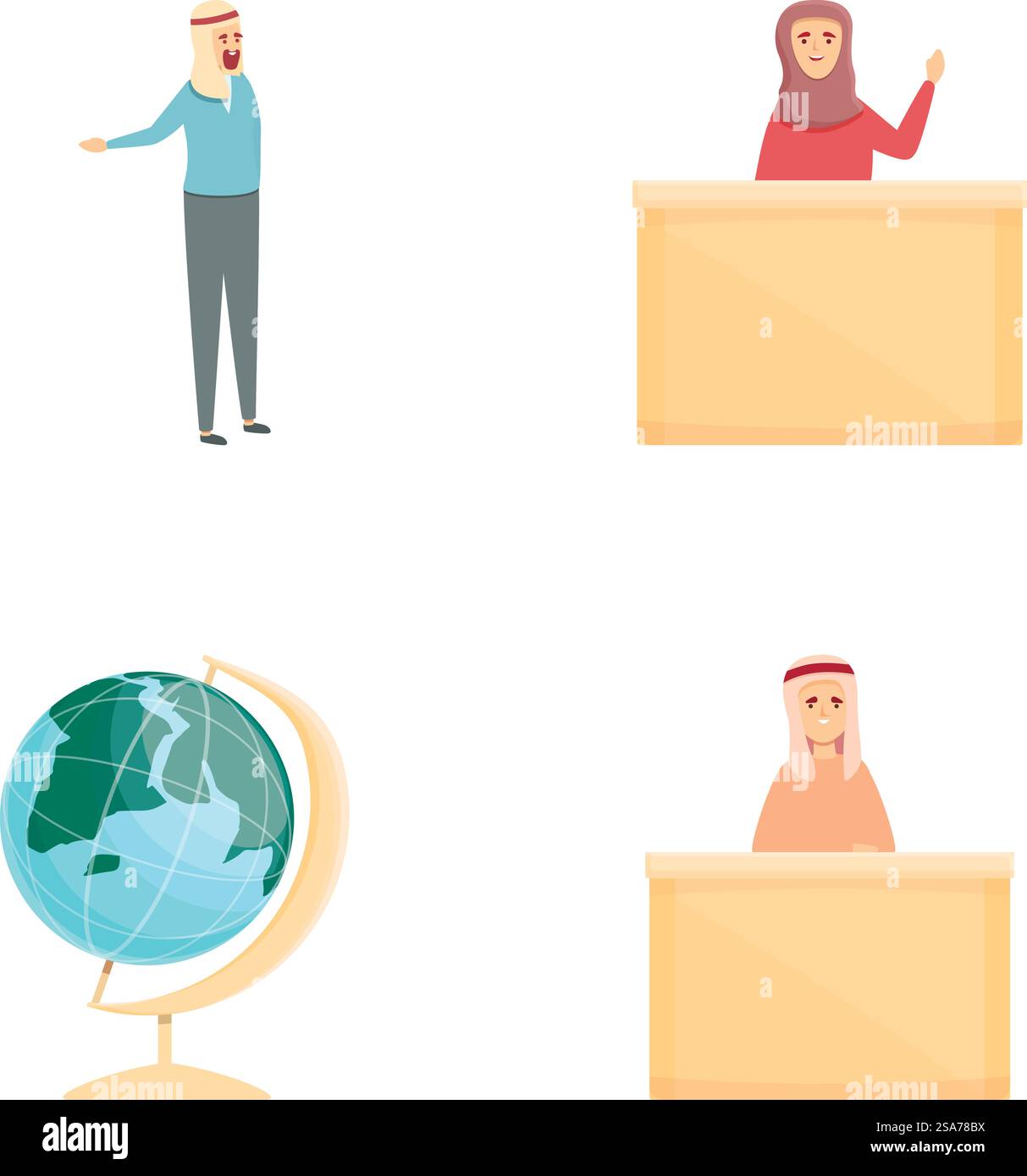 Icônes de l'éducation arabe définissent le vecteur de dessin animé. Élève arabe en tissu national. Concept d'éducation. Icônes de l'éducation arabe définissent le vecteur de dessin animé. Élève arabe en tissu national Illustration de Vecteur