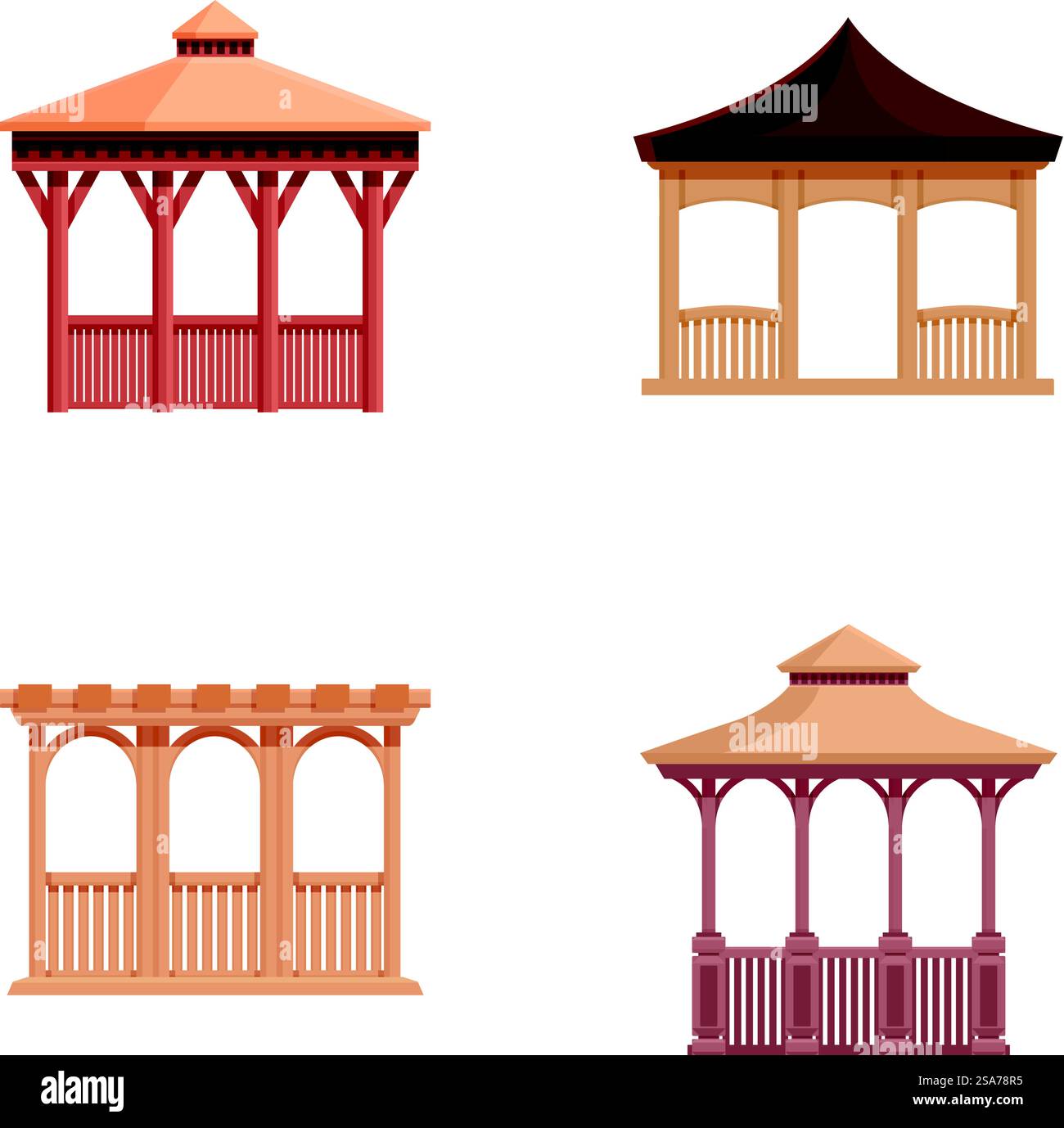 Collection de quatre illustrations vectorielles présentant différents modèles de gazebos en bois. Ensemble de gazebos en bois de style dessin animé Illustration de Vecteur