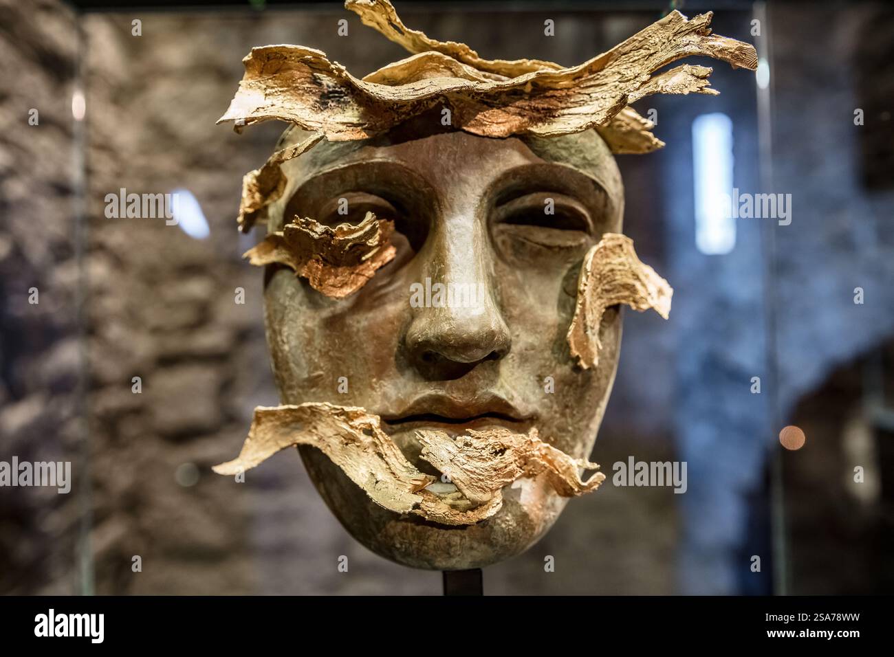 Un visage fait de bois et de feuilles est exposé dans une vitrine en verre. Le visage a une expression triste et est entouré de beaucoup de feuilles Banque D'Images