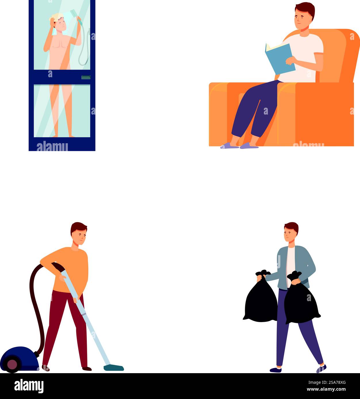 Collection d'illustrations mettant en vedette une personne engagée dans diverses tâches quotidiennes. Illustration de l'ensemble des activités quotidiennes Illustration de Vecteur