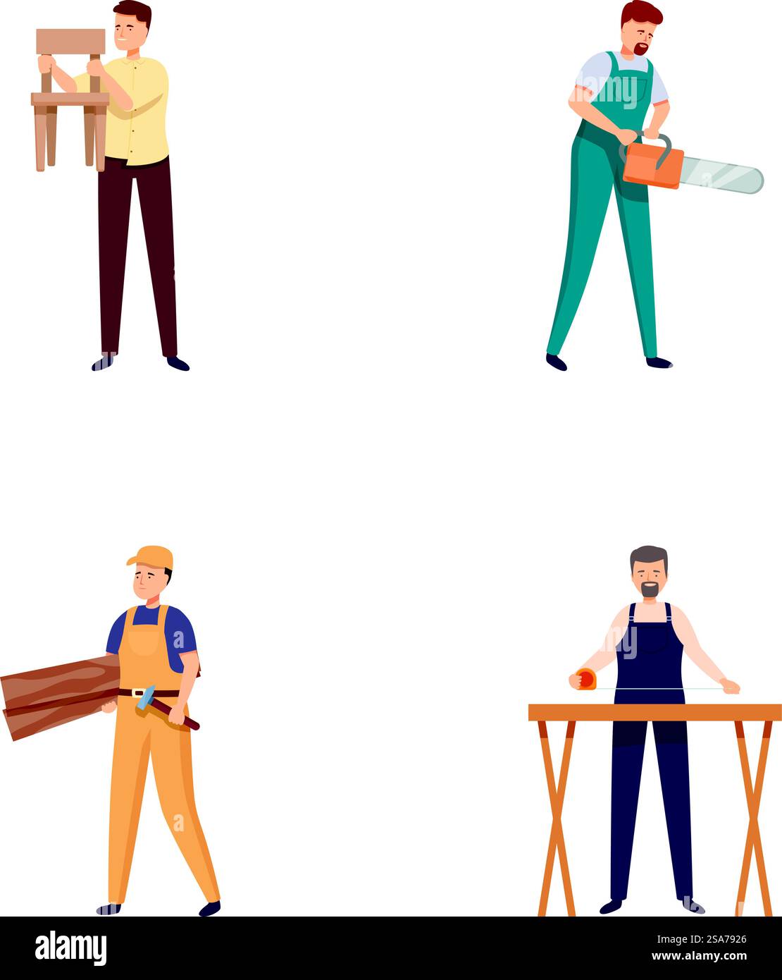 Illustrations de charpentiers avec des outils, engagés dans diverses activités de travail du bois. Ensemble de charpentiers professionnels au travail Illustration de Vecteur