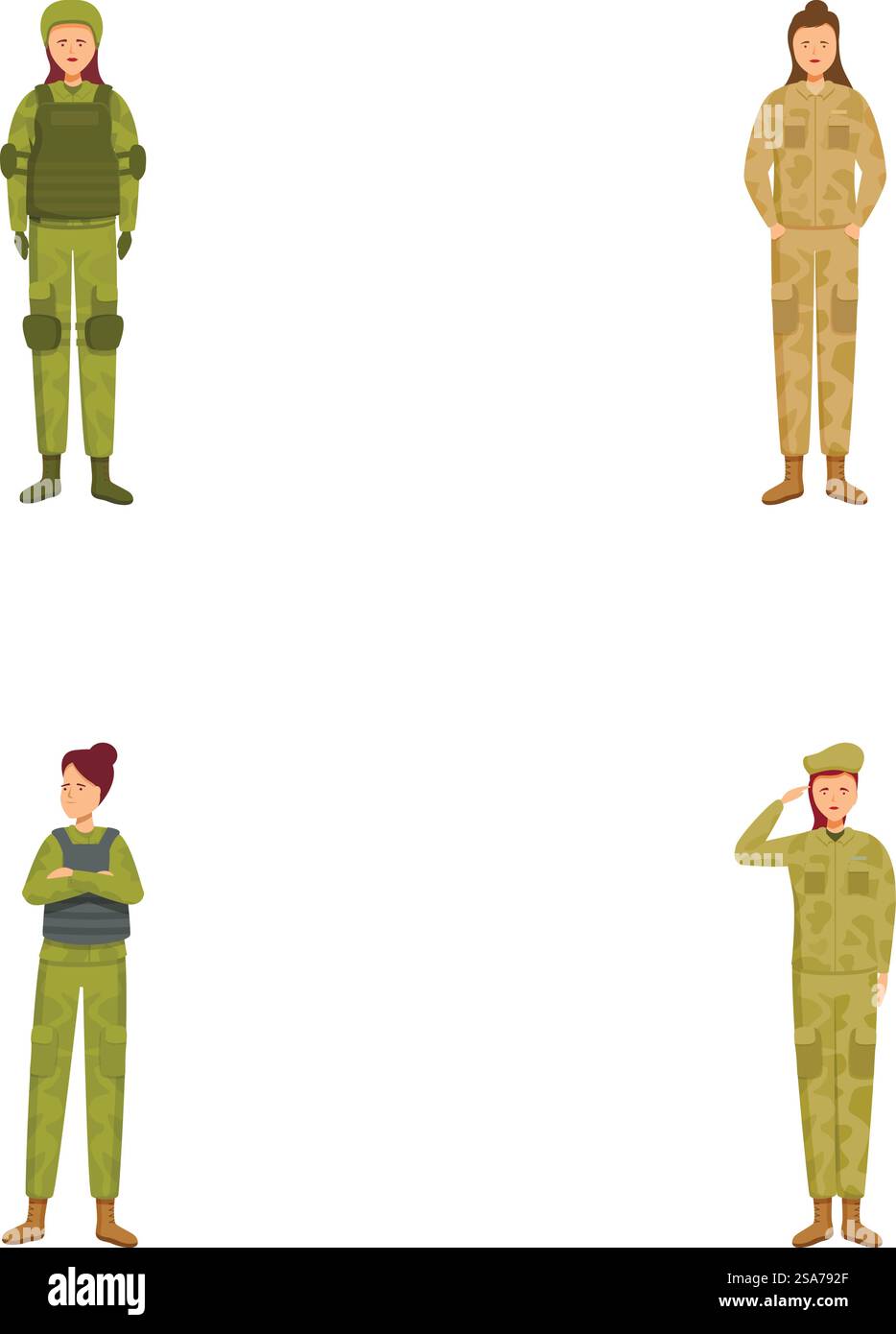 Illustration de figures militaires dans divers uniformes, représentant différents grades et rôles. Ensemble de personnel militaire en uniforme Illustration de Vecteur