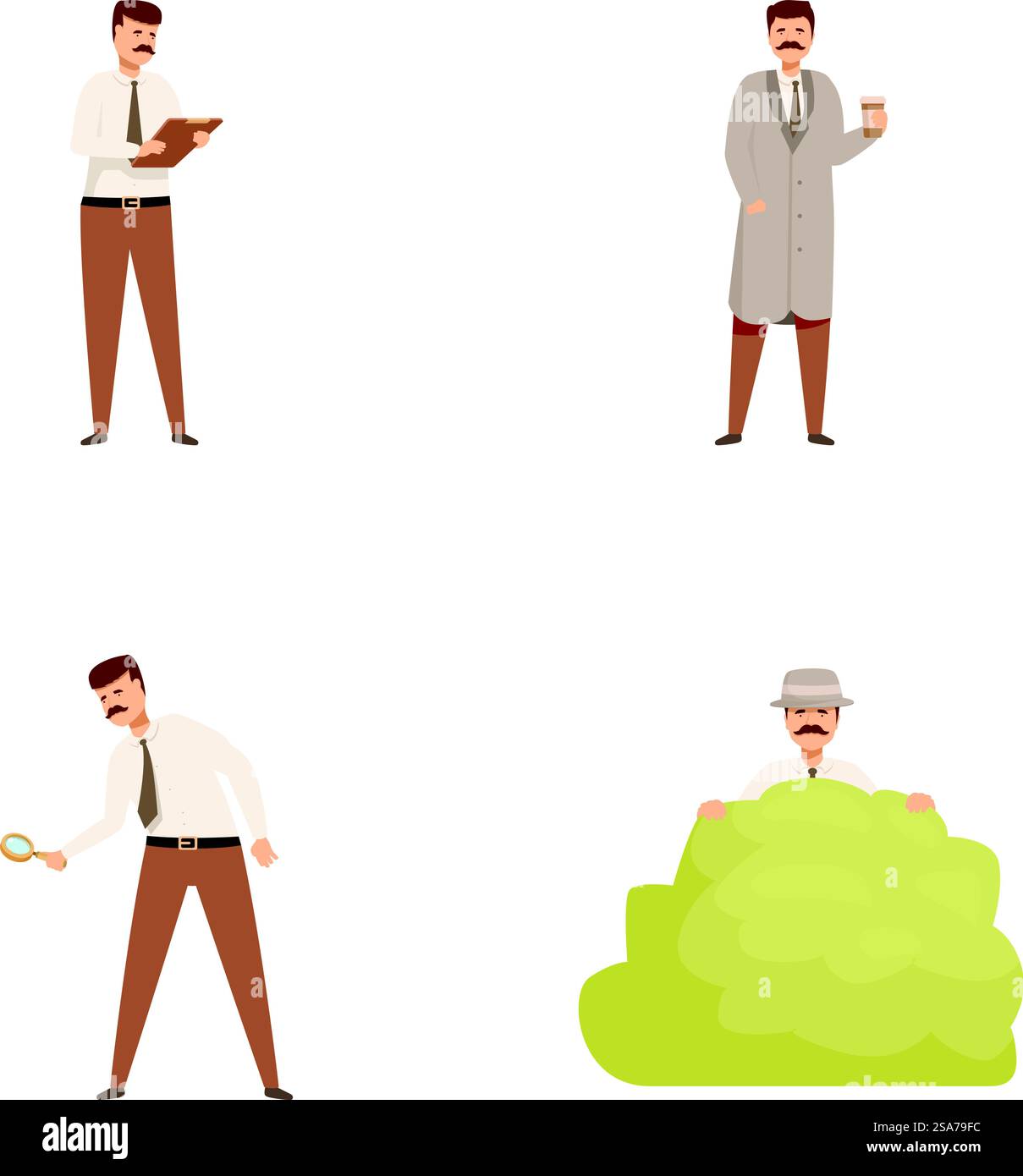 Illustrations vectorielles d'un détective de dessin animé dans diverses poses, y compris enquêter et se cacher. Ensemble de personnages de détective privé de dessin animé en action Illustration de Vecteur