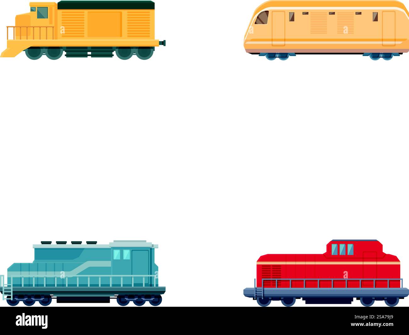Collection d'illustration mettant en vedette quatre types de voitures de train de dessins animés colorés isolés sur fond blanc. Ensemble vectoriel de voitures de train de dessins animés Illustration de Vecteur