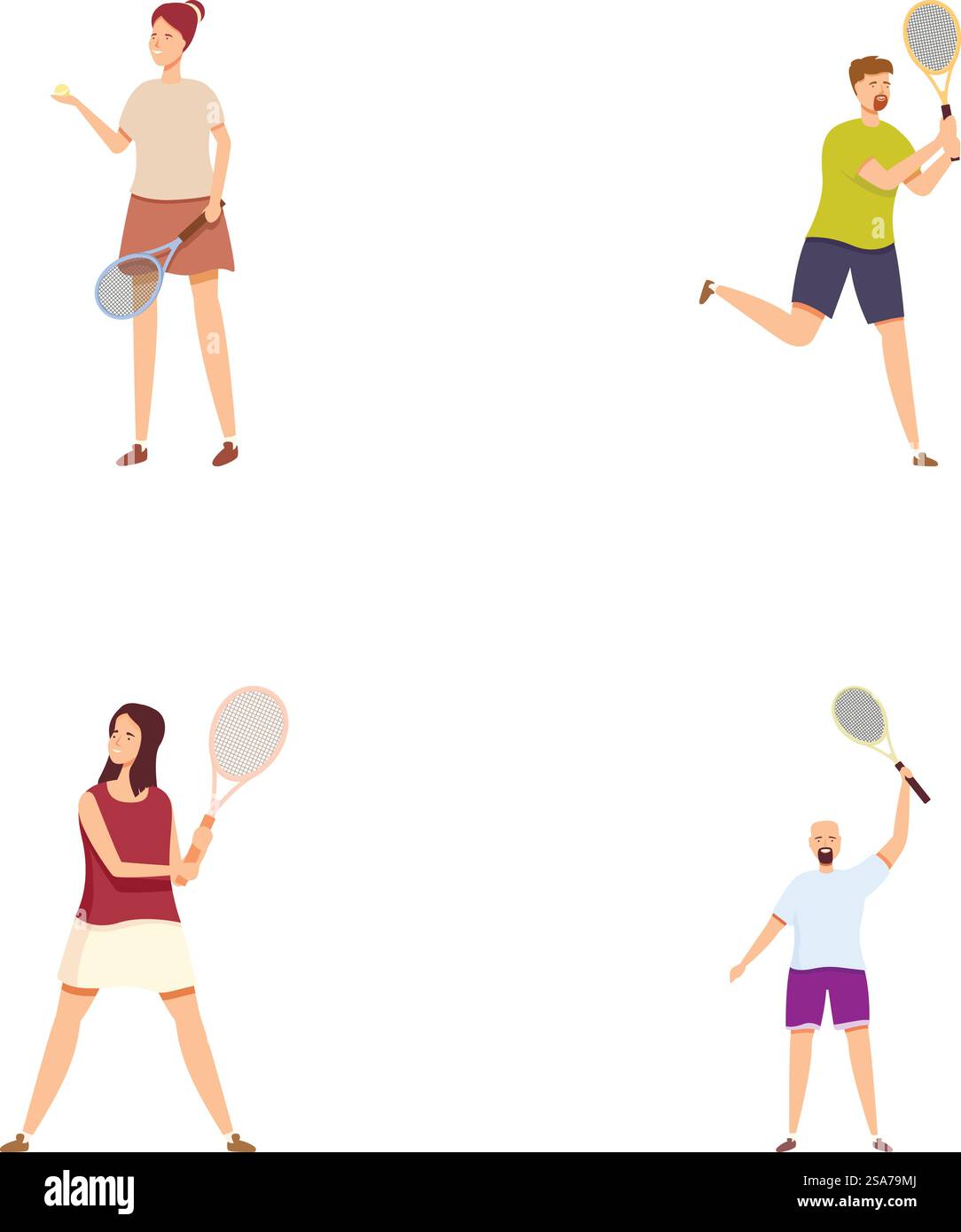 Collection de quatre personnages de dessins animés, chacun avec une raquette de badminton dans différentes poses. Diverses personnes jouant au badminton set Illustration de Vecteur