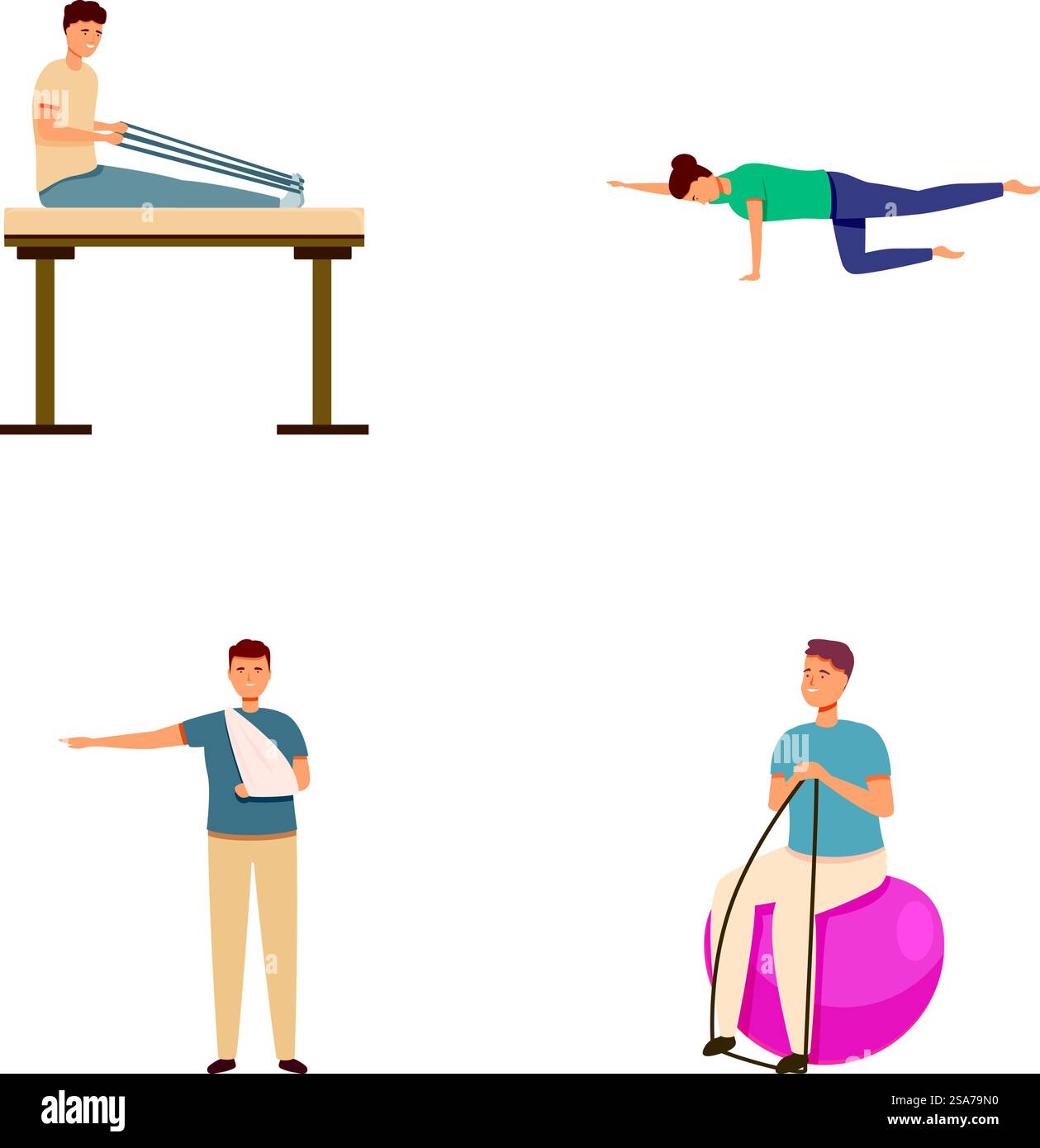 Collection d'illustrations montrant des personnes effectuant divers exercices de physiothérapie. Ensemble d'exercices de physiothérapie et de rééducation Illustration de Vecteur