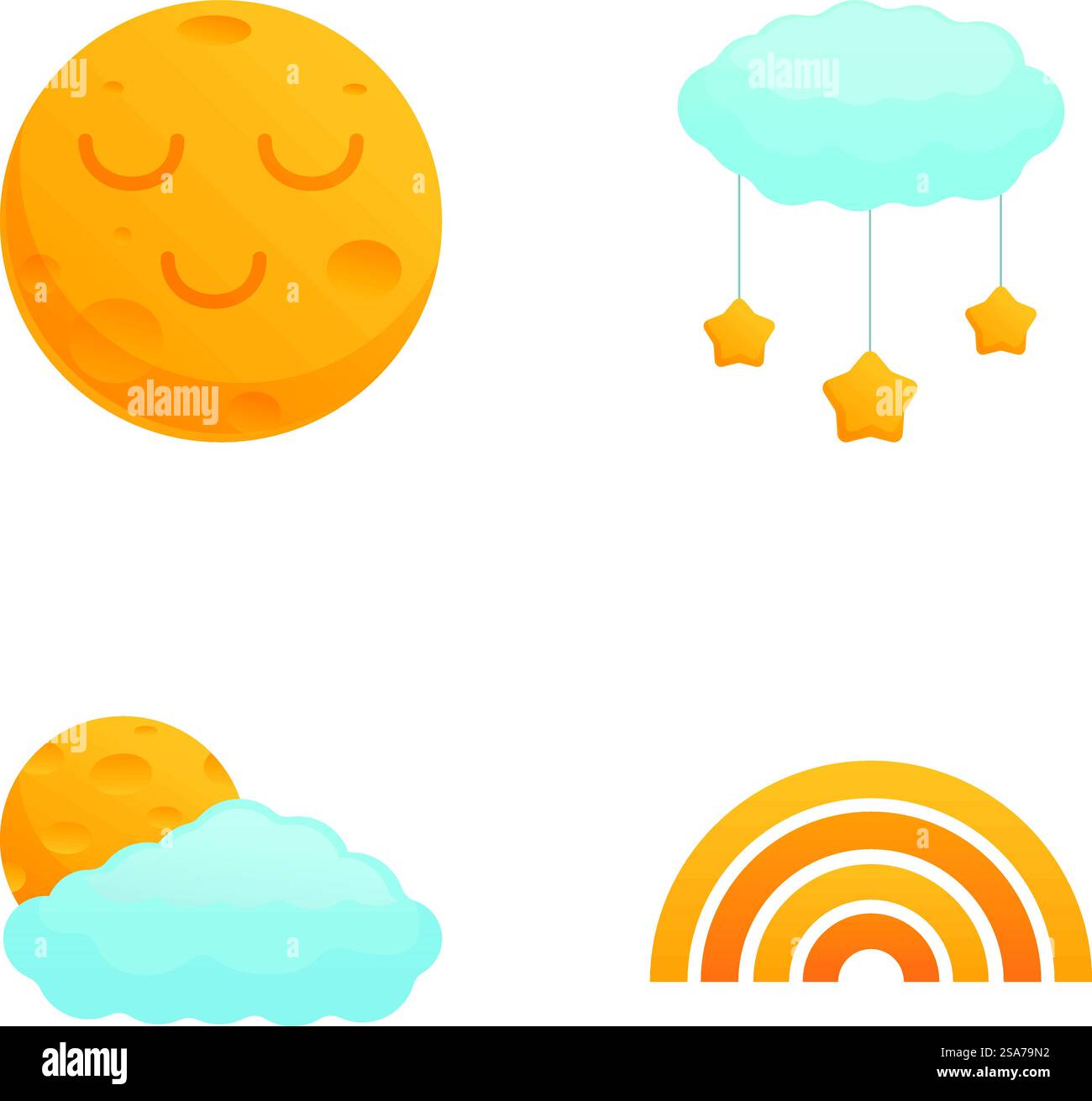 Collection d'icônes météo de bande dessinée joyeuses, y compris le soleil, les nuages et un arc-en-ciel. Icônes météo de dessin animé mignon ensemble Illustration de Vecteur