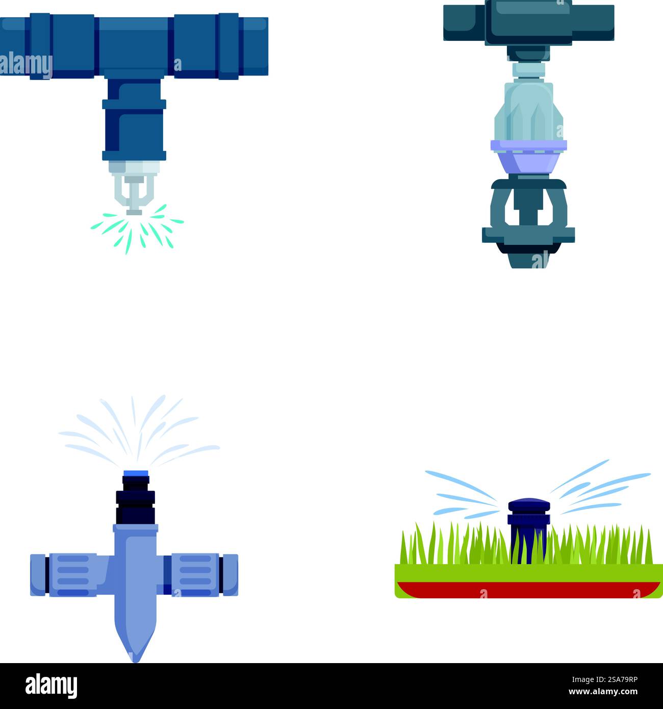 Illustration de quatre types de gicleurs de dessin animé utilisés pour l'irrigation, y compris un gicleur de pelouse. Ensemble de gicleurs d'irrigation de dessins animés Illustration de Vecteur