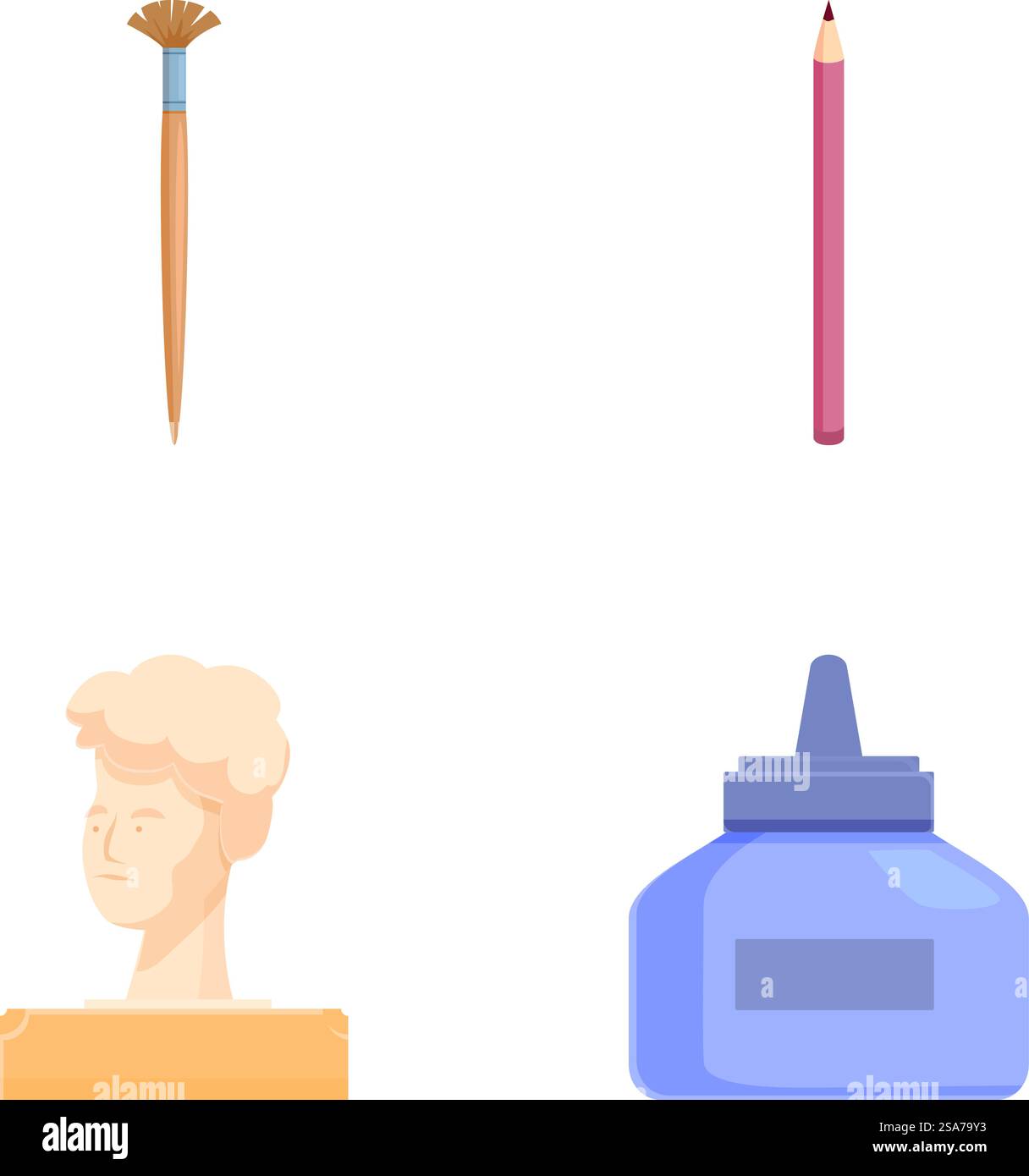 Icônes vectorielles d'un pinceau, d'un crayon, d'un buste classique et d'une bouteille d'encre. Jeu d'icônes de fournitures d'art et d'écriture Illustration de Vecteur