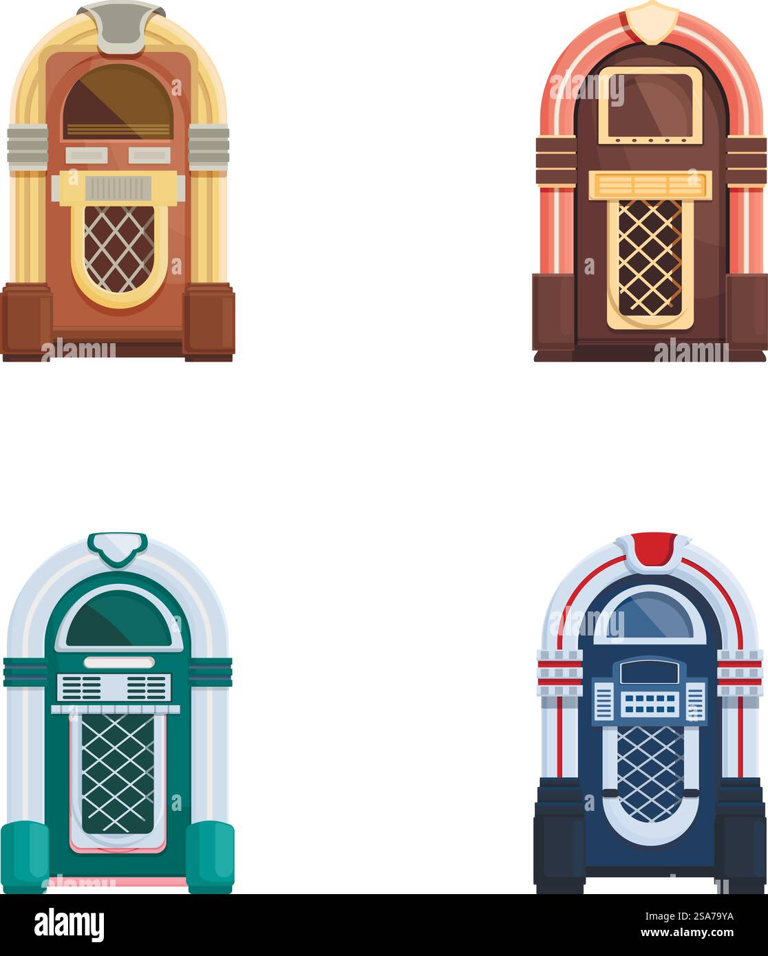 Quatre machines de juke-box classiques colorées isolées sur fond blanc, concept de musique rétro. Ensemble de machines de juke-box vintage Illustration de Vecteur