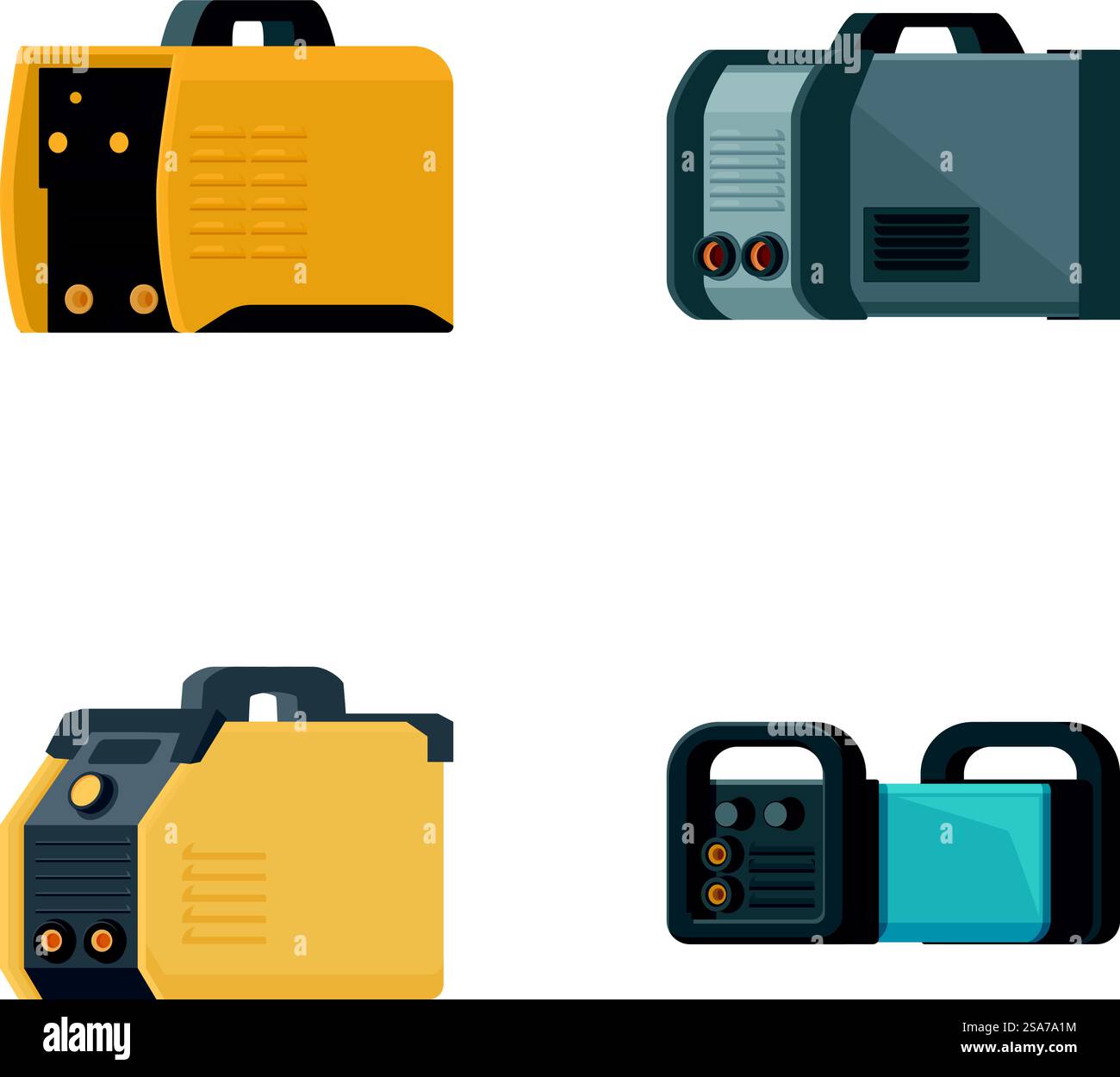 Quatre icônes de conception plate représentant différents modèles de générateurs électriques portables. Ensemble d'icônes de générateurs électriques portables Illustration de Vecteur