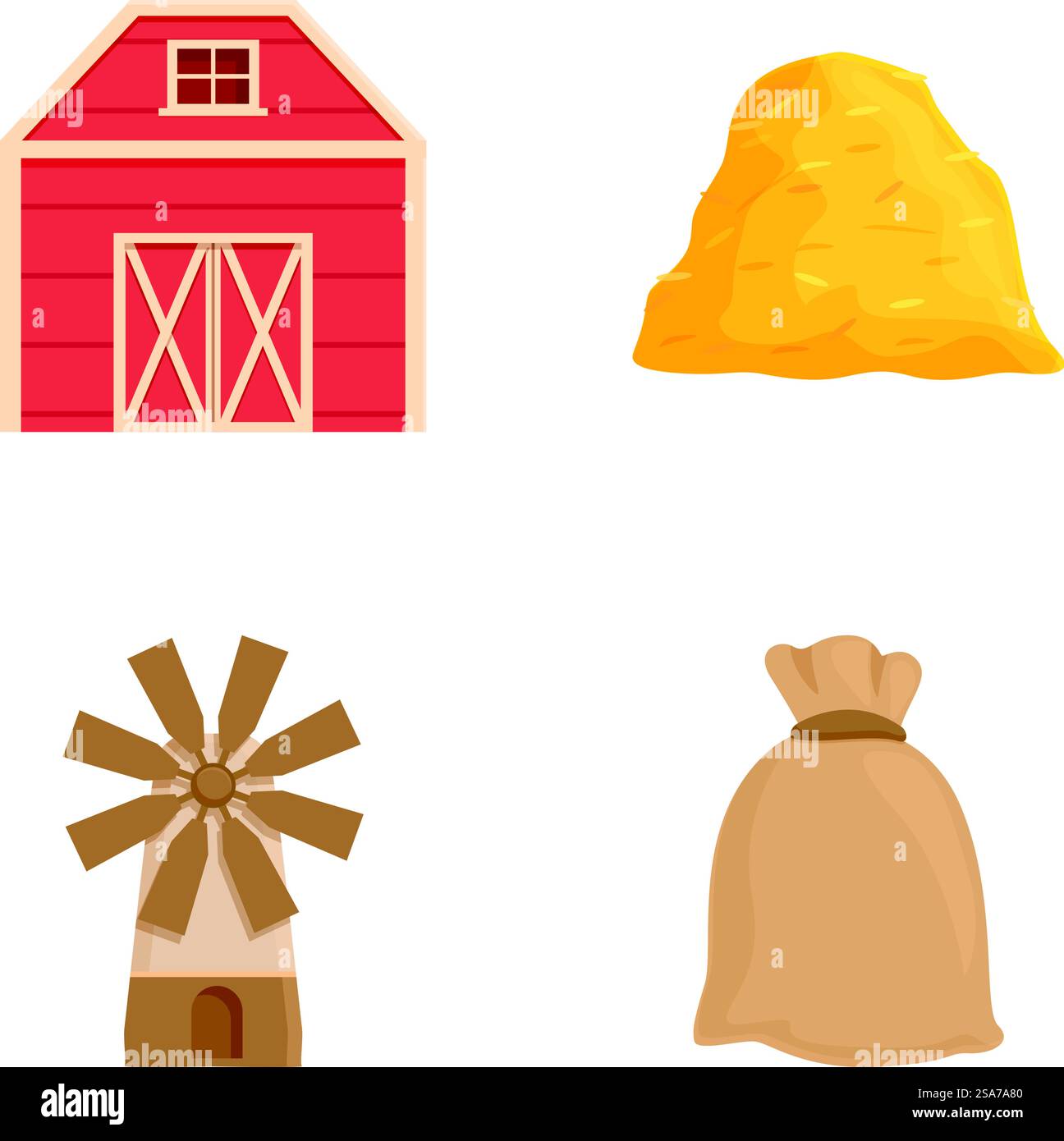 Ensemble d'illustration vectorielle mettant en vedette des éléments de ferme, grange rouge, meule de foin dorée, moulin à vent brun et sac. Icônes agricoles ensemble, grange, botte de foin, moulin à vent et sac Illustration de Vecteur