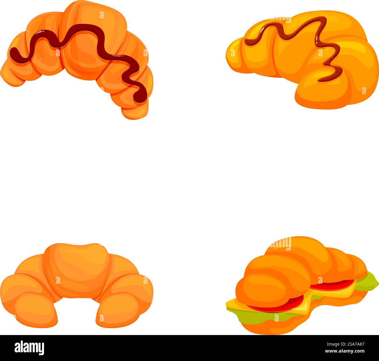 Délicieuse cuisine française, assortiment d'illustrations vectorielles de croissants pour les articles de menu de boulangerie, avec chocolat, petit déjeuner, collation et desserts. Collection de quatre illustrations de croissants, y compris classique, arrosé de chocolat, ordinaire et sandwich Illustration de Vecteur