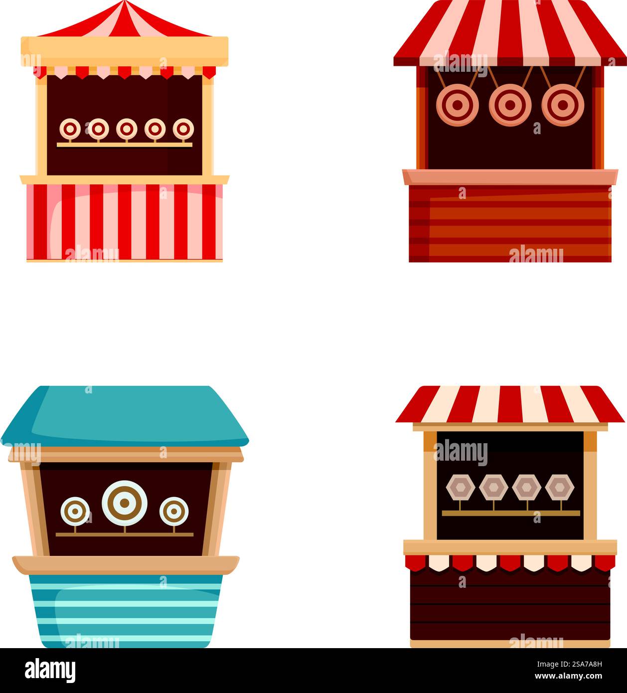 Illustration de quatre stands colorés de marché de style cartoonstyle sur un fond blanc. Ensemble de stands de marché de bande dessinée Illustration de Vecteur