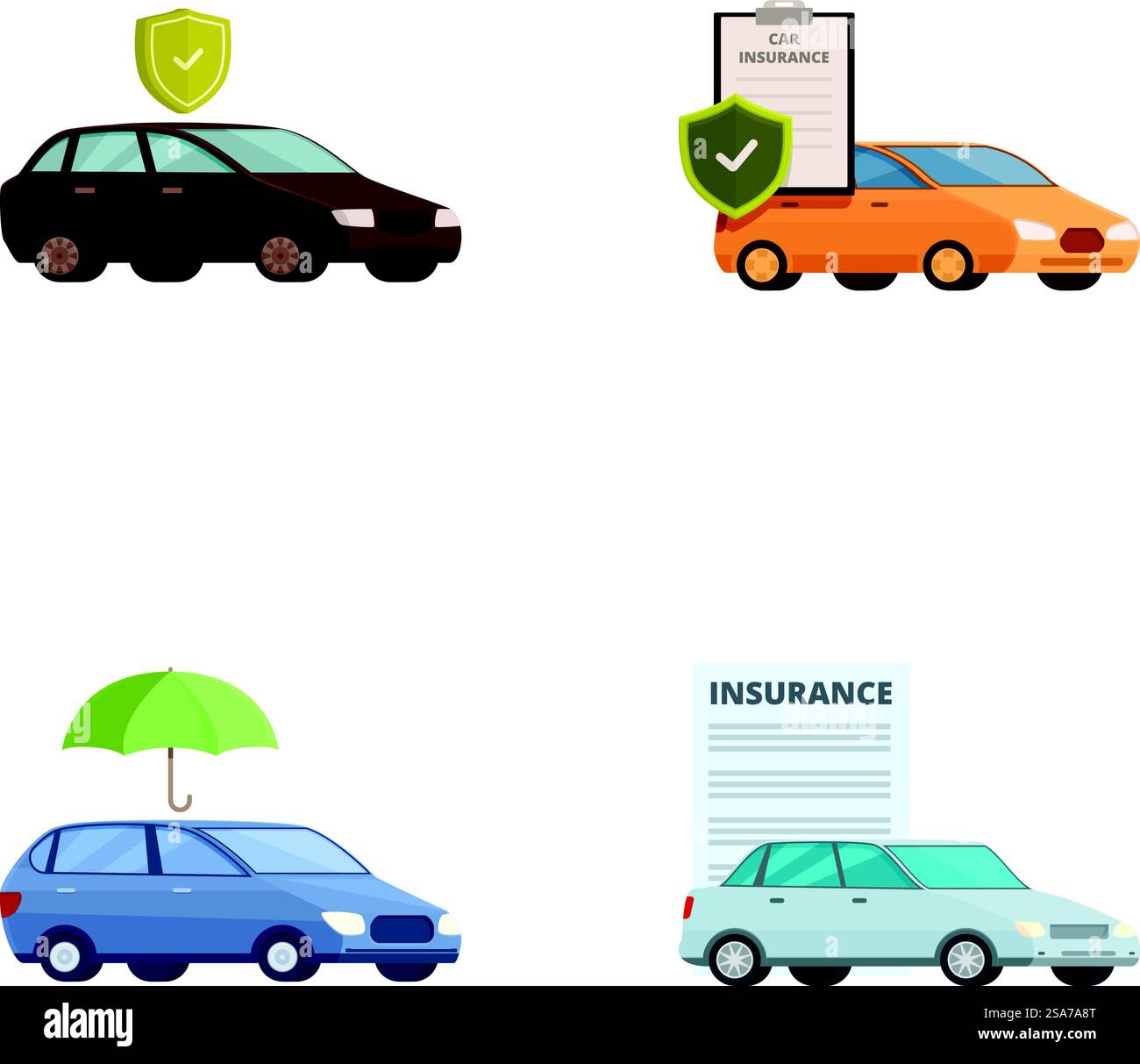 Collection de quatre graphiques d'assurance automobile avec des symboles de protection. Ensemble d'icônes de concept d'assurance automobile Illustration de Vecteur