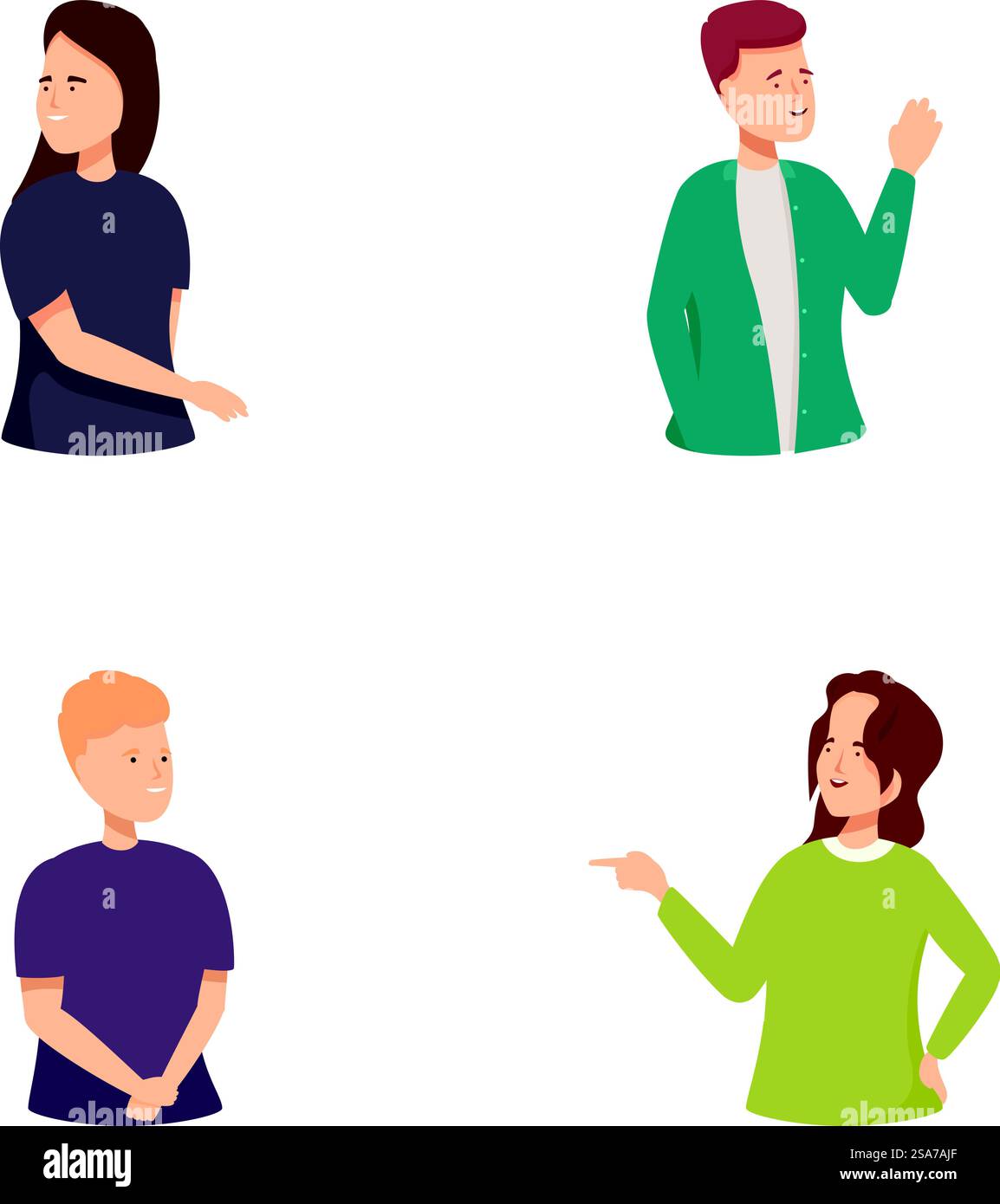 Personnages de dessins animés divers et conviviaux faisant des gestes et communiquant avec des gestes de la main dans des illustrations colorées et modernes. Ensemble de quatre personnages illustrés montrant divers gestes et expressions de la main Illustration de Vecteur