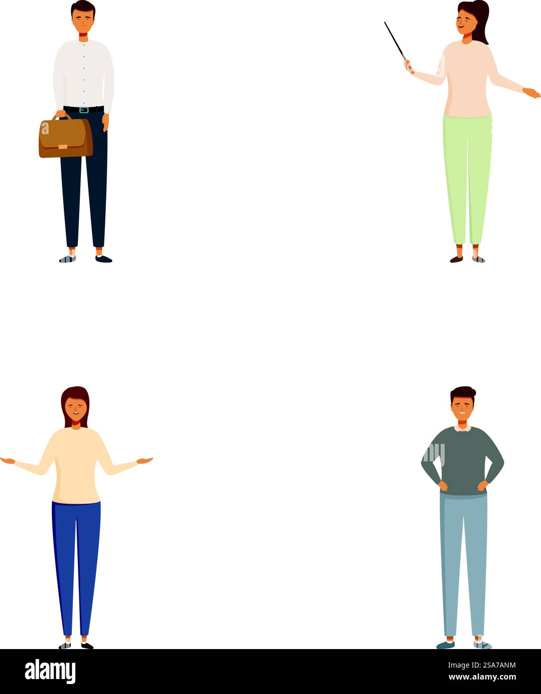 Collection de quatre personnes professionnelles de dessins animés diverses dans diverses poses sur un fond blanc. Ensemble diversifié de personnages professionnels Illustration de Vecteur