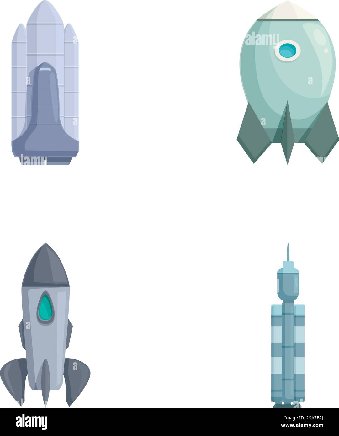 Collection de quatre fusées spatiales de style dessin animé, chacune avec un design unique. Ensemble de fusées spatiales de dessin animé isolées sur blanc Illustration de Vecteur