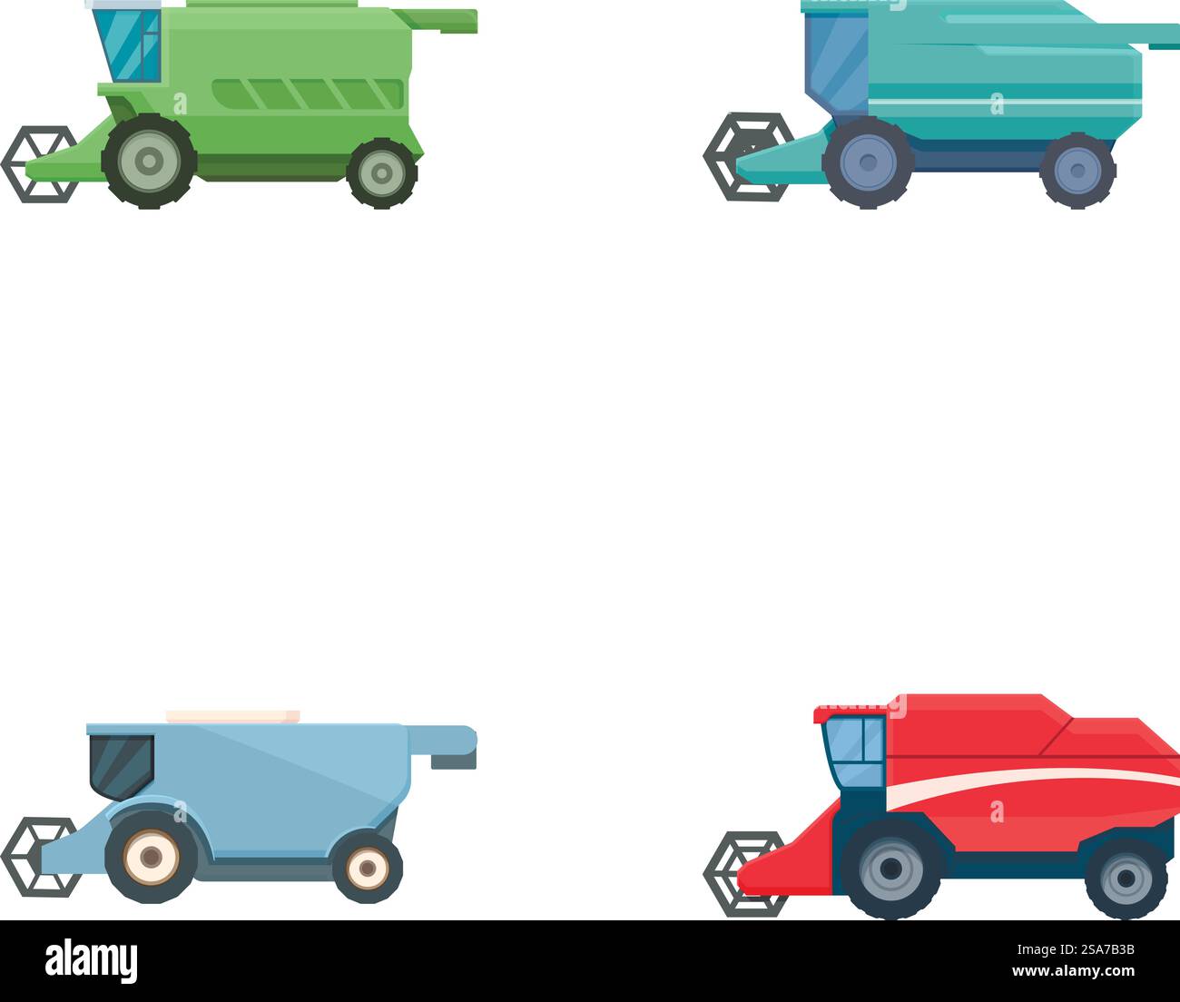 Collection de quatre moissonneuses-batteuses agricoles colorées isolées sur un fond blanc. Jeu de quatre moissonneuses-batteuses agricoles Illustration de Vecteur