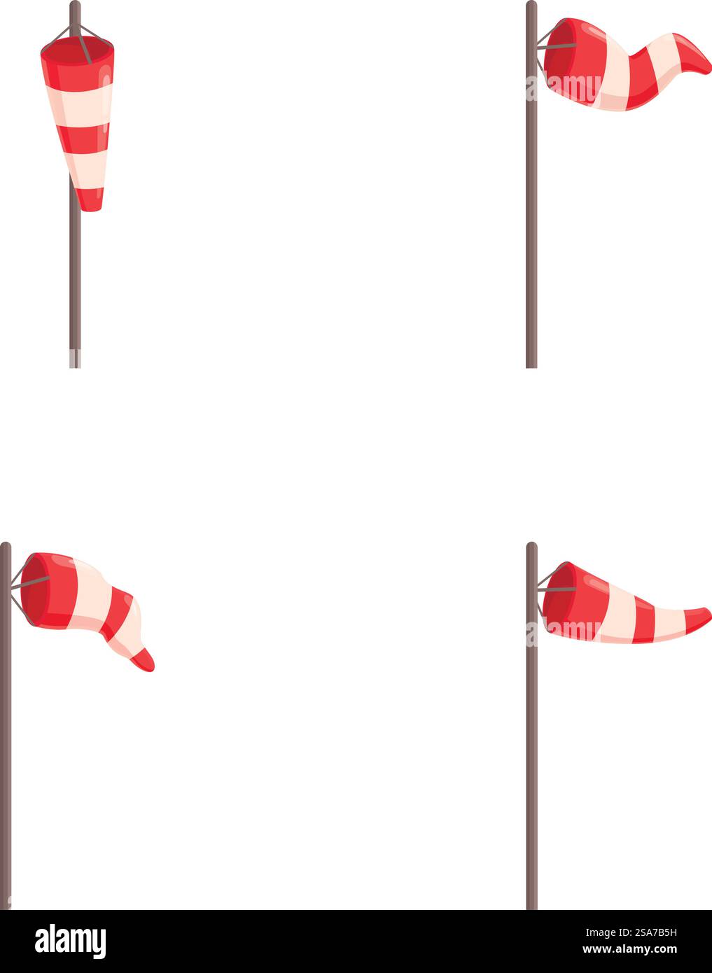 Ensemble de quatre chaussettes illustrant différentes vitesses et directions du vent sur un fond clair. Chaussettes à vent montrant diverses conditions de vent Illustration de Vecteur