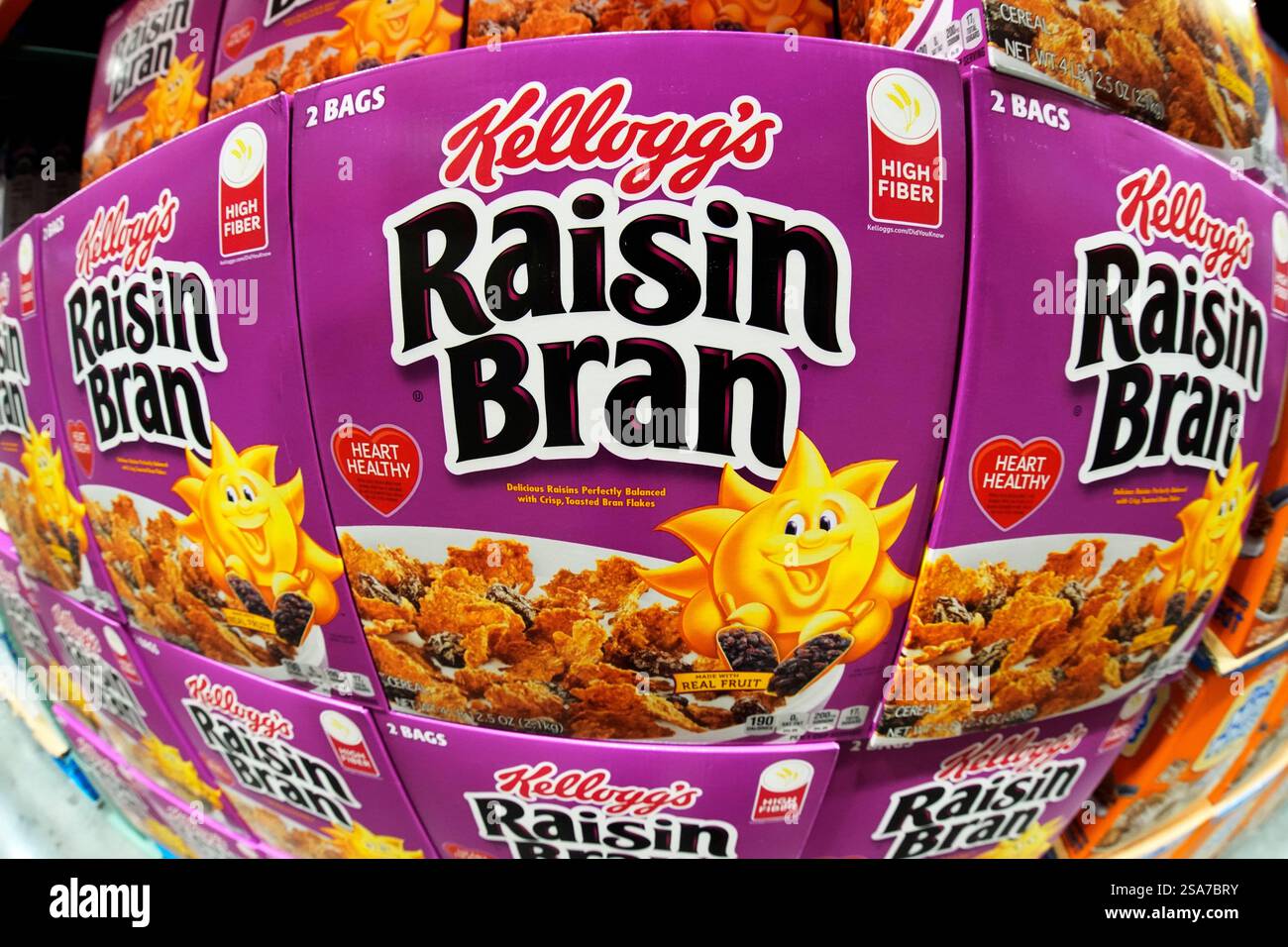 This is a display of Kellogg's Raisin Bran cereal at a Costco Warehouse ...