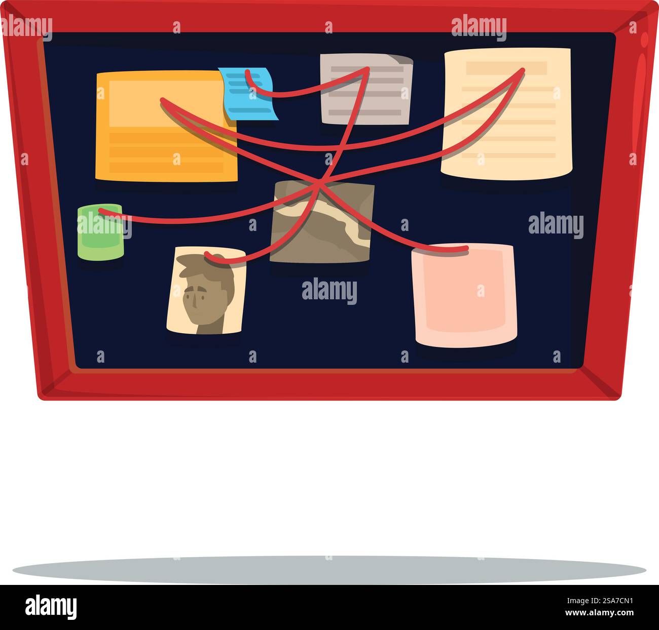 Panneau d'enquête de détective classique avec des preuves, des photos et des notes reliées à la ficelle rouge. Détective reliant des indices sur le tableau d'enquête avec une ficelle rouge Illustration de Vecteur