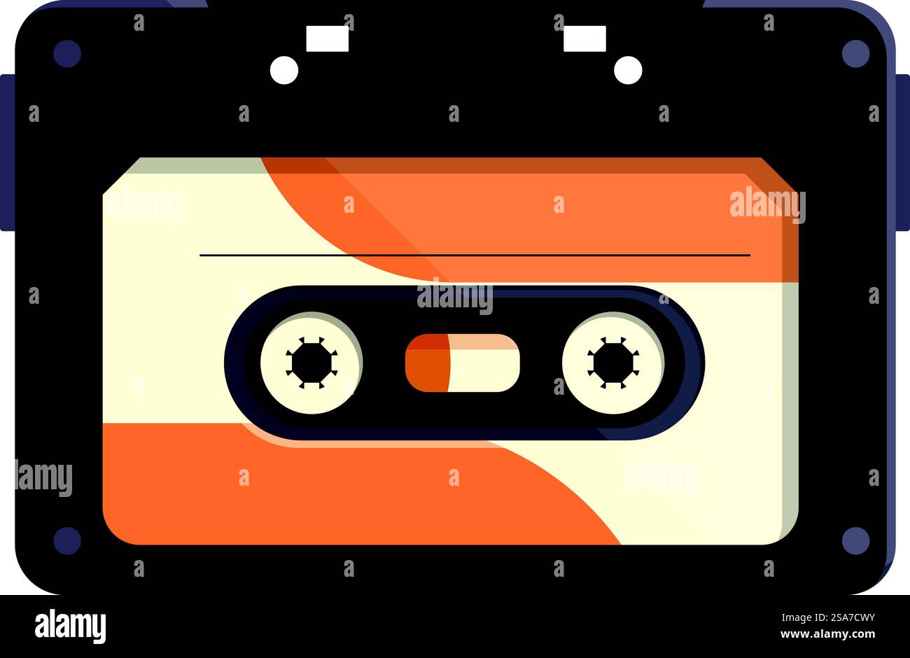 Cassette audio noir et orange jouant de la musique, isolée sur fond blanc. Cassette audio jouant de la musique des années 80 Illustration de Vecteur