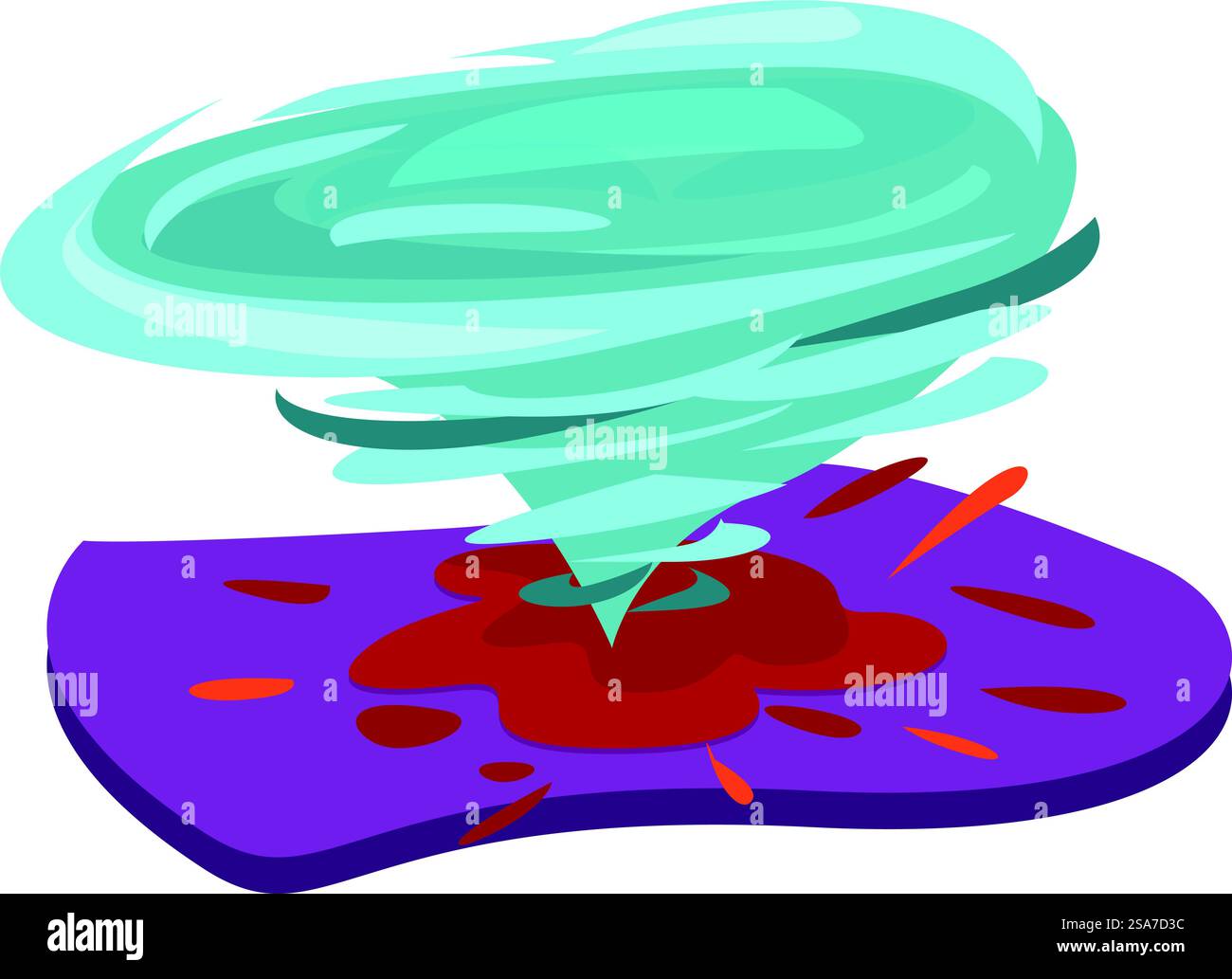 Tornade de dessin animé tourbillonnant sur une surface violette, laissant un cratère dans son sillage. Tornade bleue tournant sur la terre et créant un cratère dans le sol Illustration de Vecteur